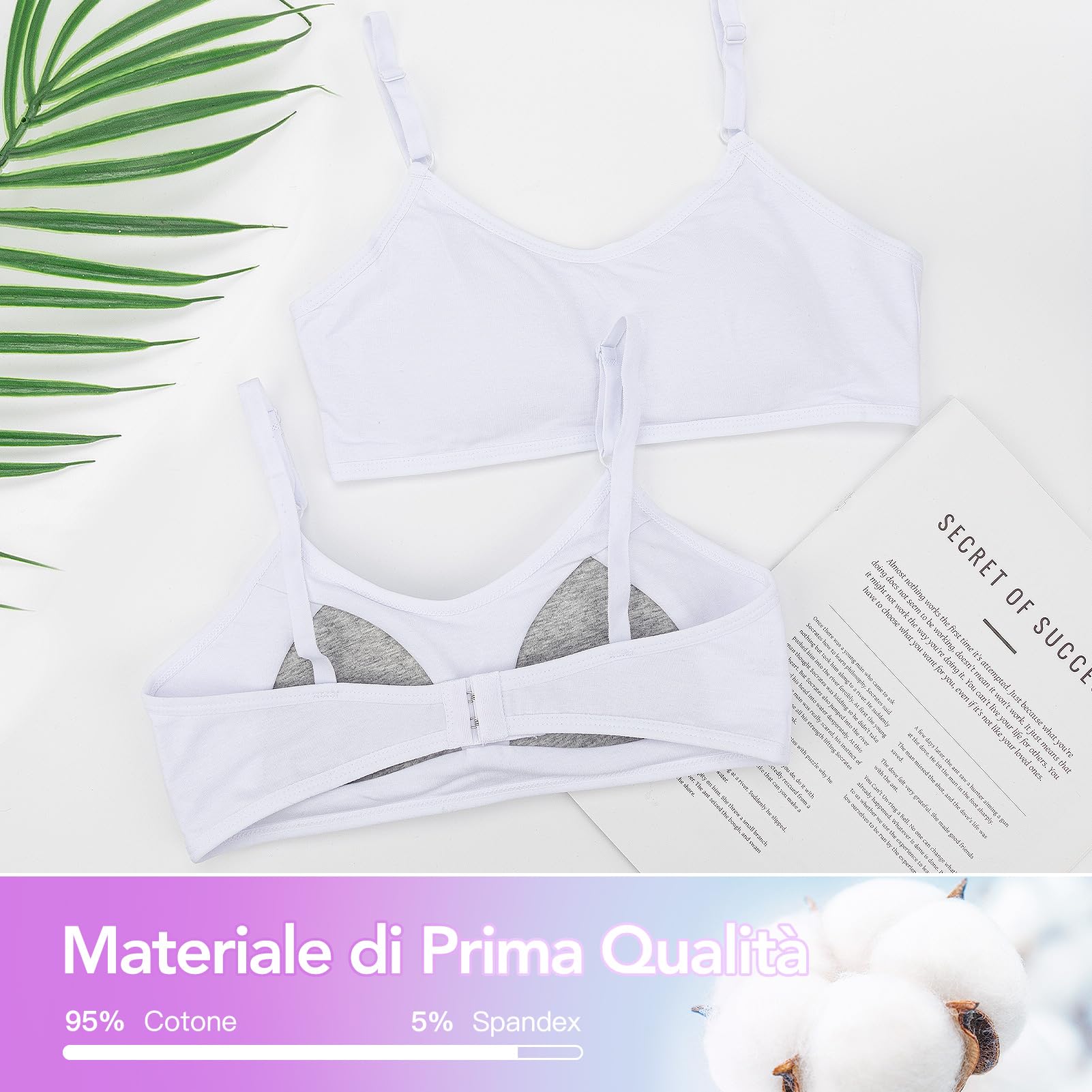 Kiiwah 2 Pezzi Reggiseno Sportivo per Ragazze Intimo, Cotone Reggiseno Bambina Ragazze Allenamento Reggiseni con Fisso Torace Pastiglie e Spallacci Regolabili per 10-16 Anni