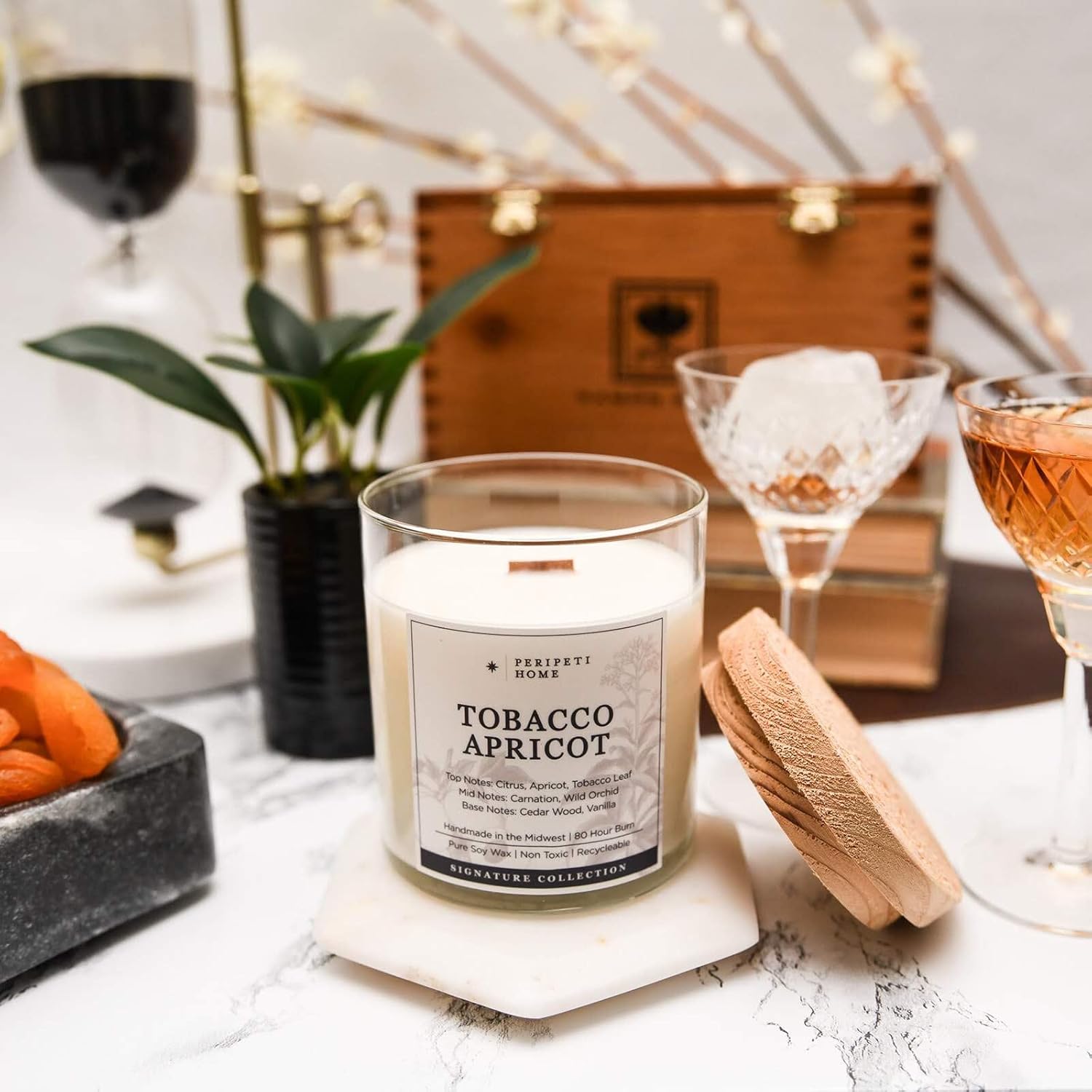 PERIPETI Home Tobacco + Apricot Scented Candle - Wooden Wick, 8.5oz Natural Soy Wax for Warm & Fruity Aromatherapy - Long-Lasting Bold Fragrance for Home or Office