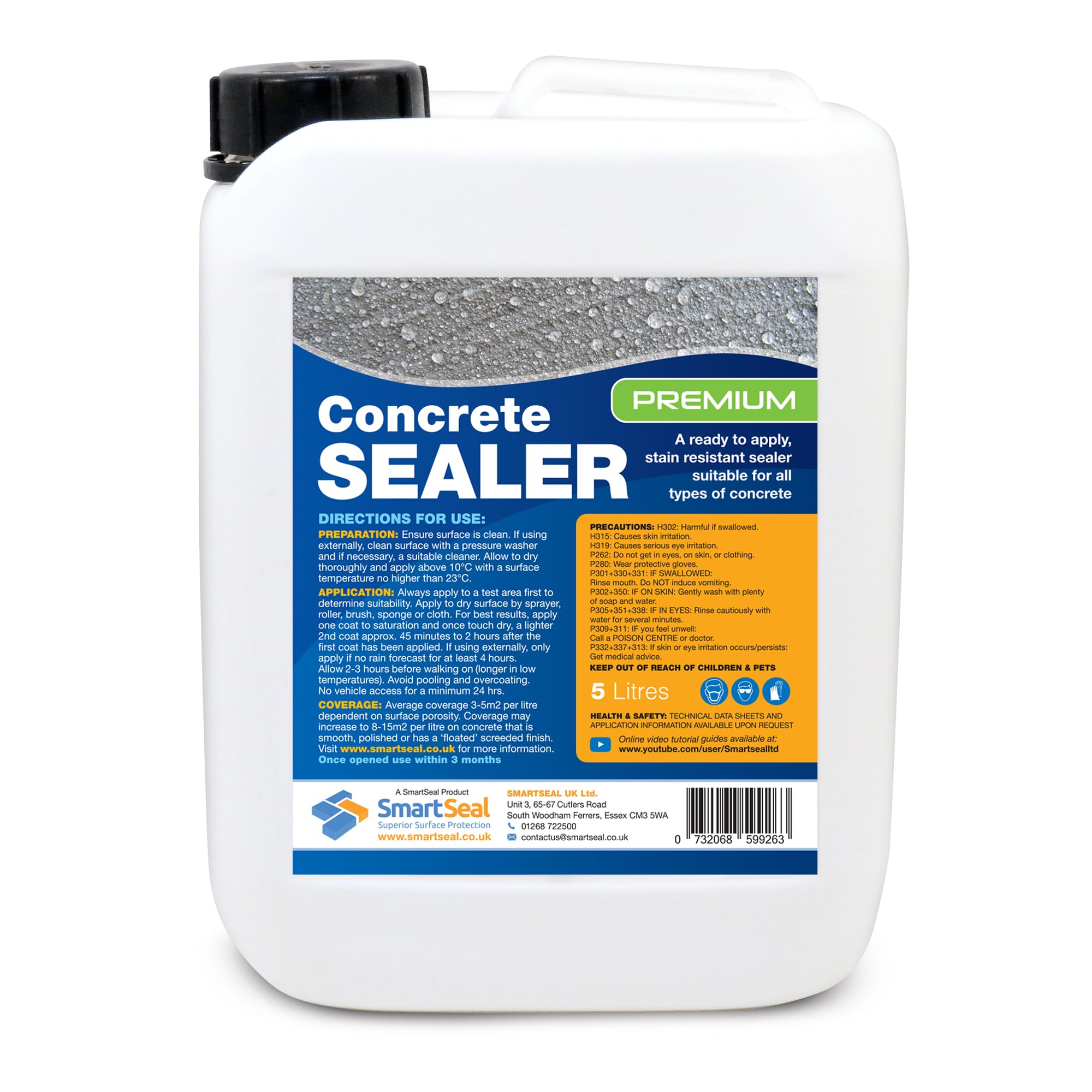 Smartseal Premium Concrete Sealer - Easy to Apply Indoor and Outdoor - High Protection Sealant, Oil and Water Repellent, Food Safe - Suitable for All Concrete Surfaces - 5 Litre