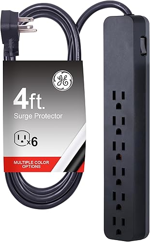 GE Pro Multicontacto con protector contra sobretensiones de 6 tomas, extensión de 4 pies, 840 julios, regleta de enchufes, enchufe plano,