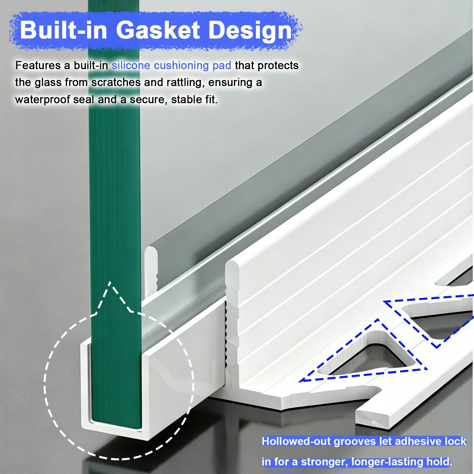 U profundo de aluminio Perfil Empotrado Para Puerta De Vidrio Sin Marco (apto Para Espesor De 12 Mm), 2 Rieles De Ducha De Aluminio En Forma De F Con Junta(White,180cm/5.9ft)