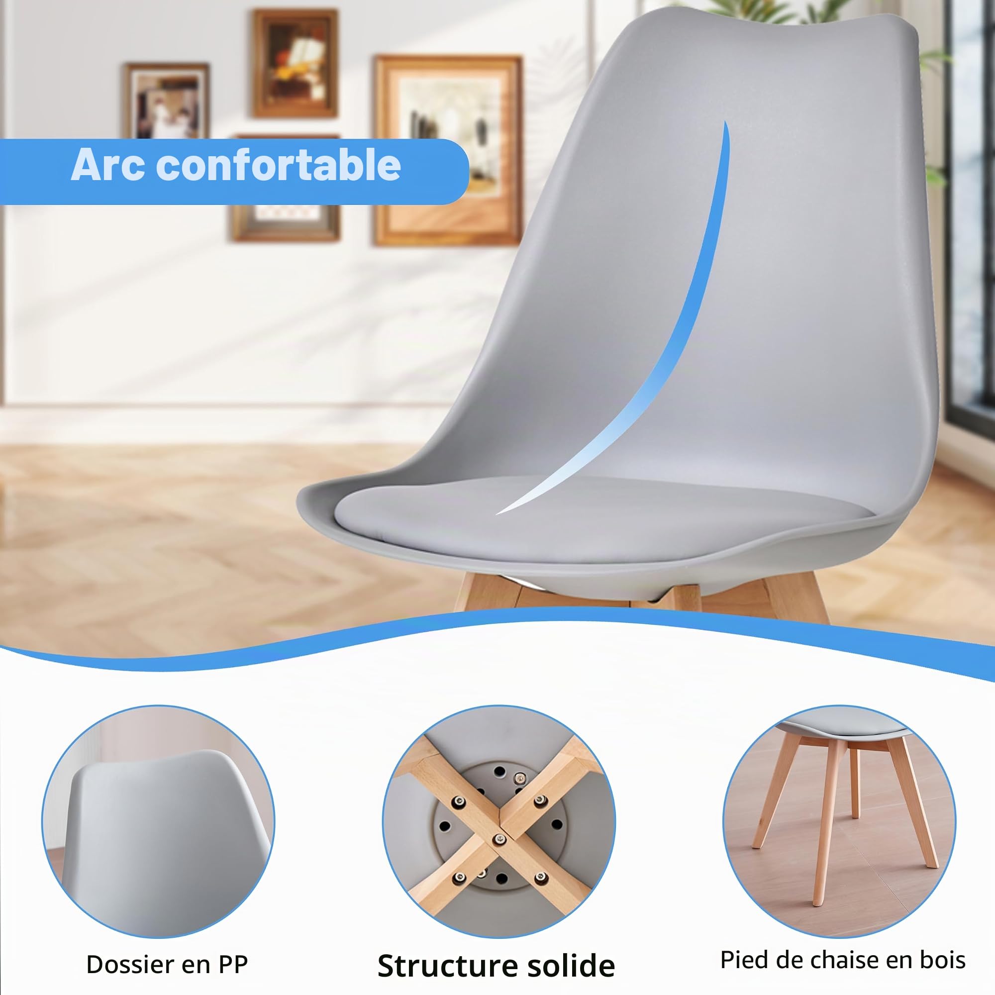 GrandCA HOME Chaises de Salle à Manger Lot de 6 Chaise Scandinave,Gris | Avec assise Rembourrée en Cuir PU, Pieds en Bois Massif, pour Salle à Manger, Cuisine, Appartement