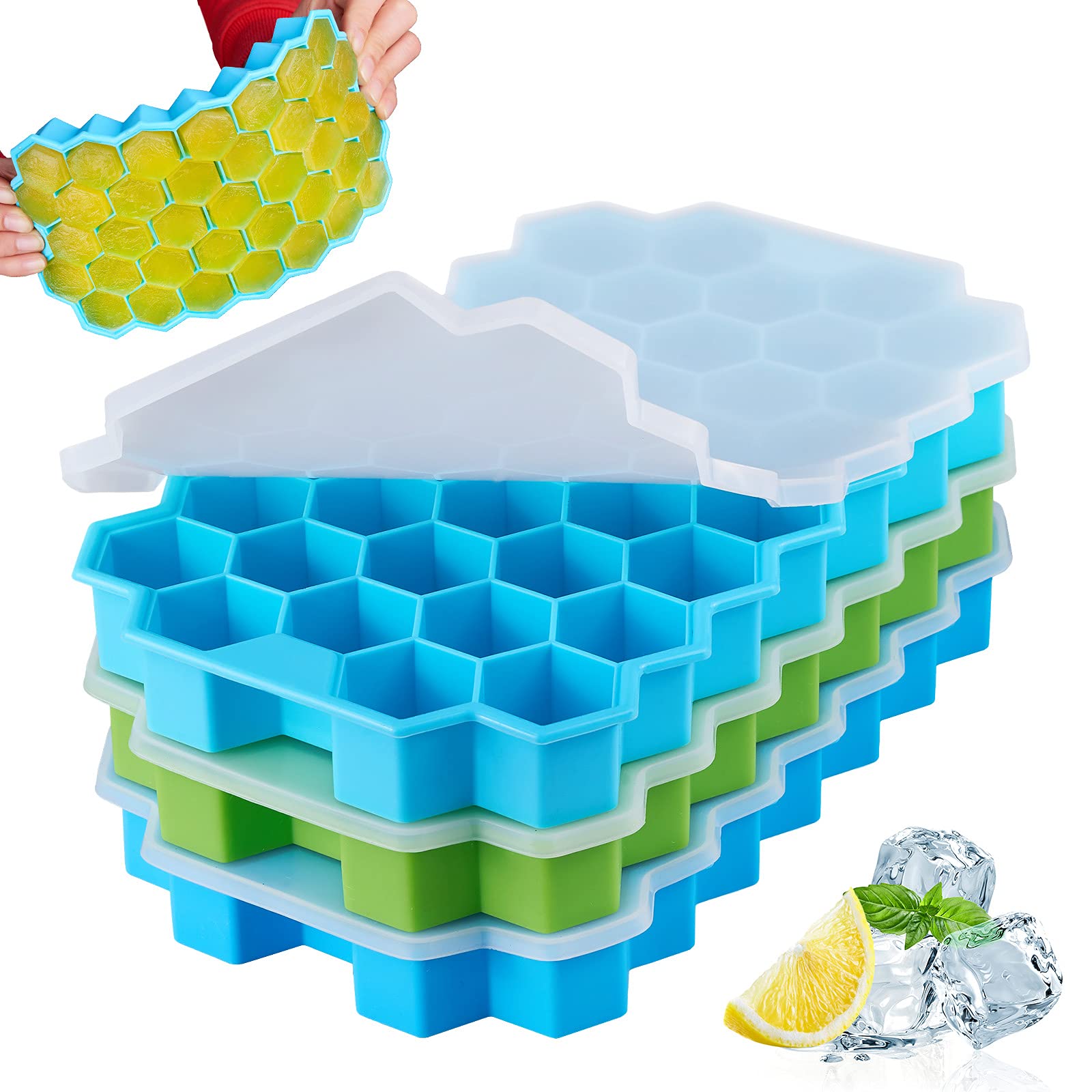 Spightdex Ice Cube Trays, Ice Tray with Lids Removable & Anti-overflow, 3 Pack, Silicone Ice Cube Tray Easy-Release, BPA Free, Flexible Ice Molds for Whiskey Cocktail Freezer Chilled Drinks