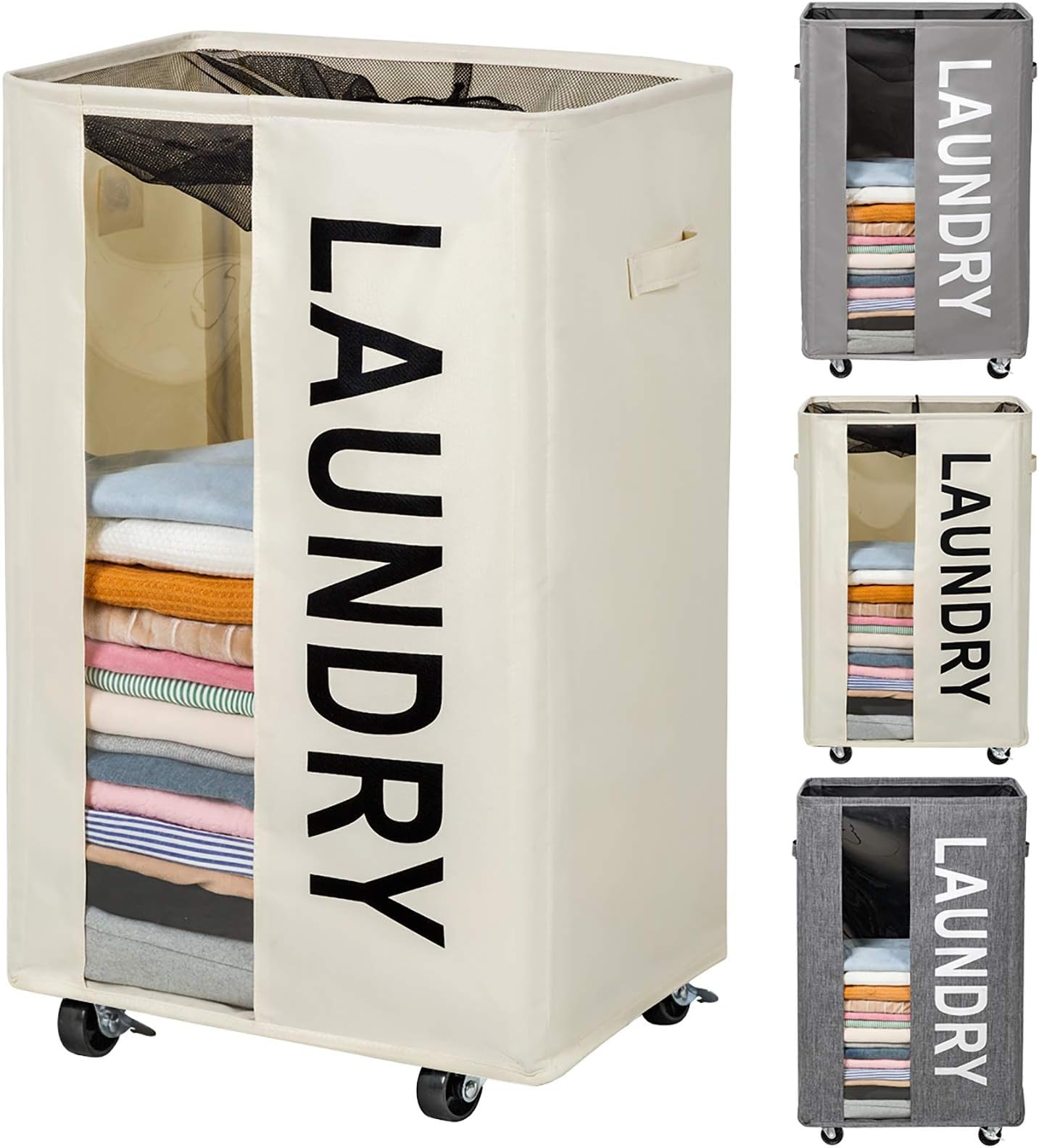 ZERO JET LAG 90L Extra Large Laundry Basket Hamper on Wheels Clear Window Tall Laundry Hamper Handles Collapsible Dirty Clothes Hamper Organizer Rolling Storage Bins Bathroom Bedroom (Beige)