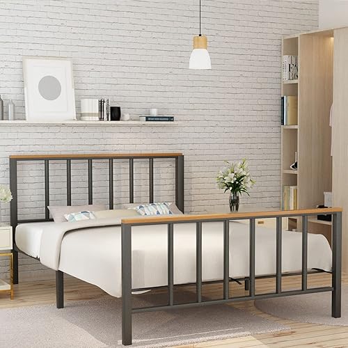 Recaceik Marco de cama de metal con cabecero de plataforma de metal, no necesita somier, marco de acero resistente, almacenamiento debajo de la