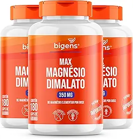 Max Magnésio Dimalato, 350mg de magnésio elementar por dose, Bigens 180 cápsulas (Kit 3)