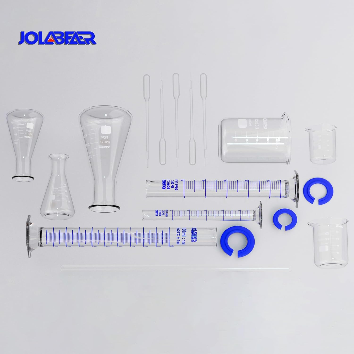 Upgraded Lab Chemistry Set: Graduated Cylinders (10,50,100ml), Beakers (50,100,250ml), Erlenmeyer Flasks & 5x3ml Pipettes for Experiments, 3.3 Boro Glass, EPE Foam Packaging