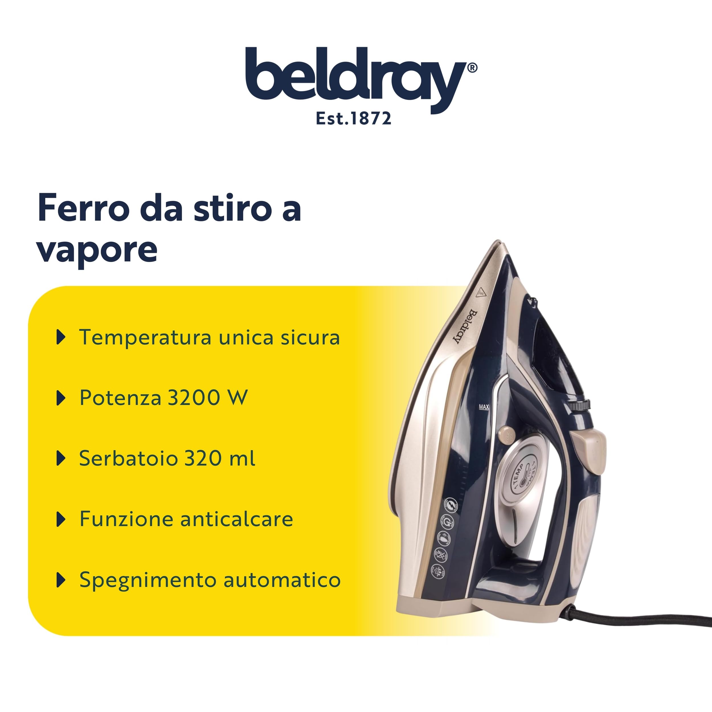 Beldray BEL01847VDE Ferro da stiro a vapore a una temperatura – Controllo variabile del vapore, piastra in ceramica, temperatura singola, spegnimento automatico, serbatoio dell'acqua da 320 ml