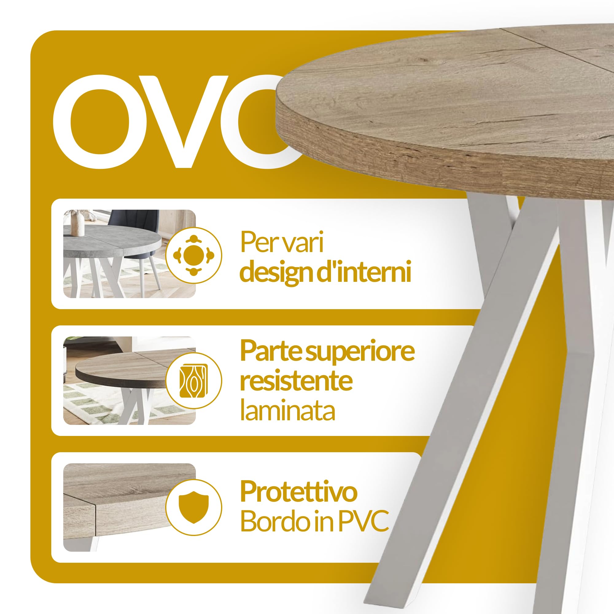 Tavolo da Pranzo Tavolo Rotondo Allungabile - Tavolo Sala da Pranzo Allungabile e Cucina - Piano in laminato da 36 mm - Gambe Solide - Diametro da 90 cm - Marmo - Collezione Ovo