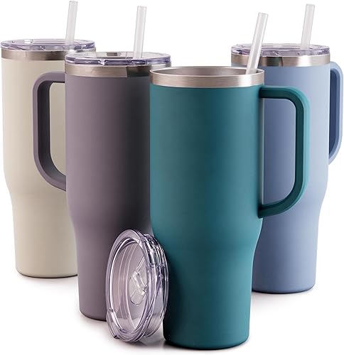 Maars Charger - Taza de viaje aislada de 40 onzas con asa, vaso de acero inoxidable sellado al vacío de doble pared con popote y tapa, color verde