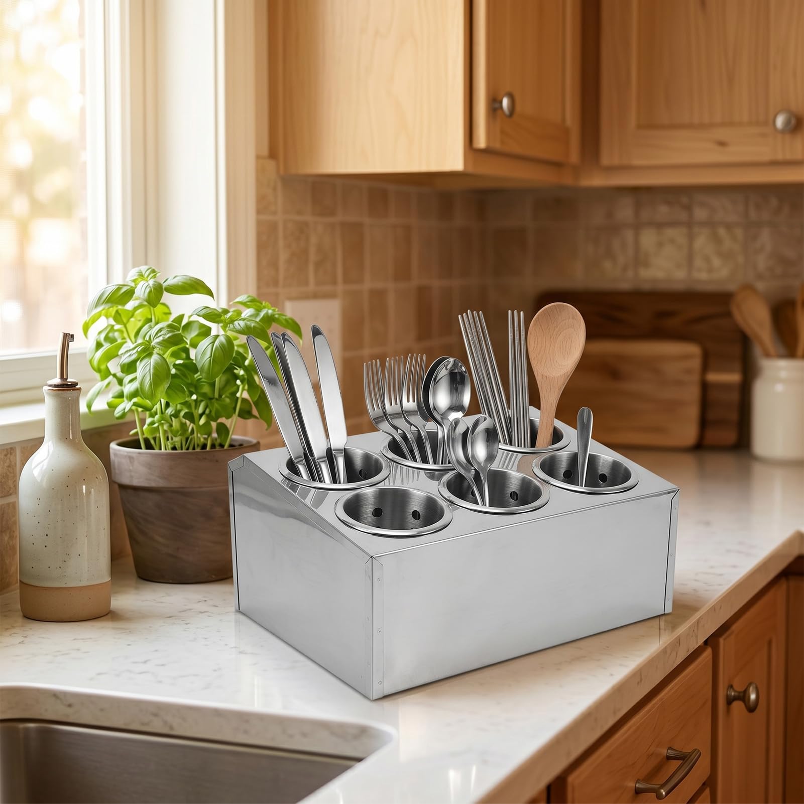 Utensilien-Organizer, Edelstahl-Utensilienhalter, Perforierter Besteckhalter mit 6 Fächern, Besteck-Organizer, 37,6 X 30 Cm, Abnehmbare Zylinder, Rutschfest, für Restaurant