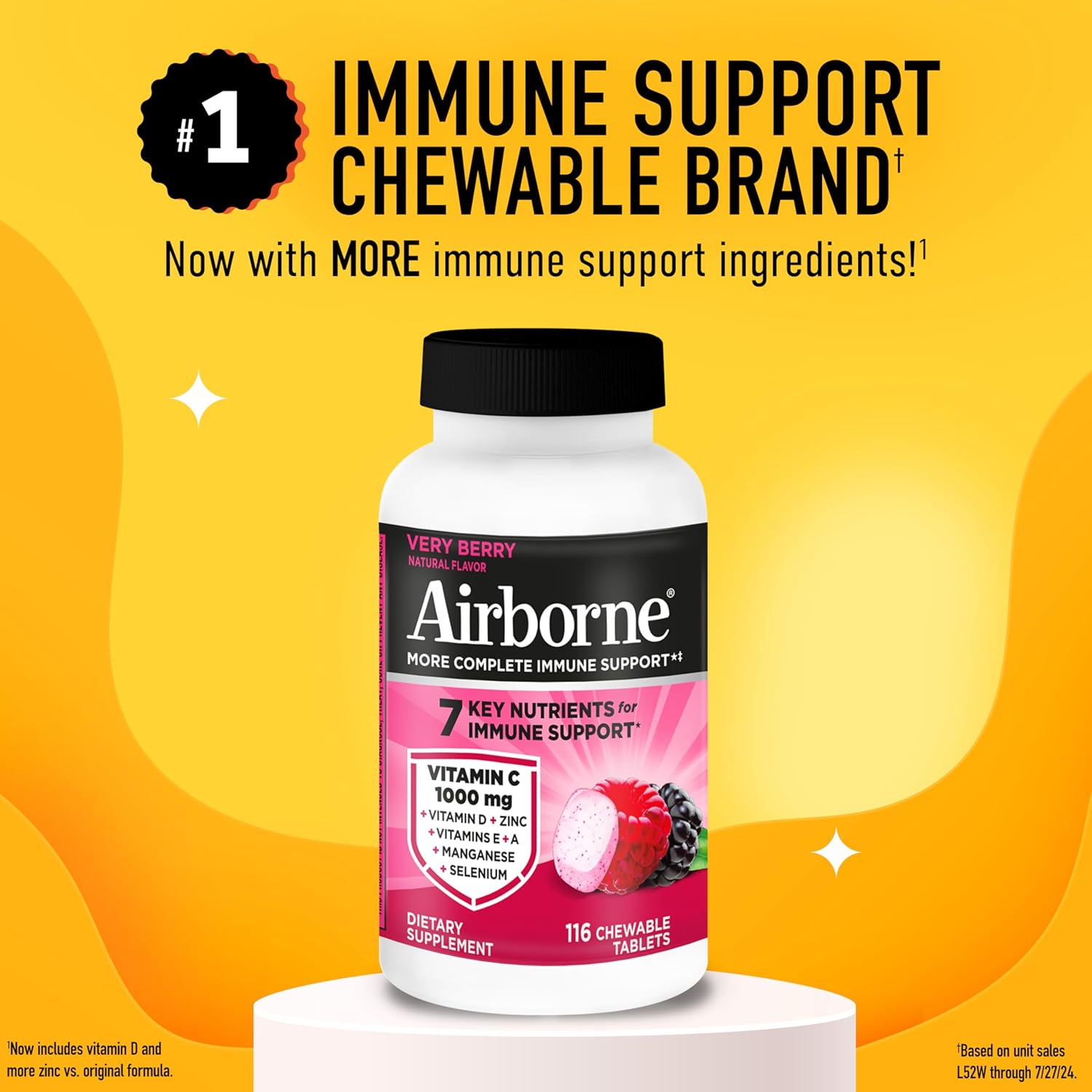 Airborne Vitamin C 1000mg (per Serving) - Very Berry Chewable Tablets (116 Count in a Bottle), Gluten-Free Immune Support Supplement, with Vitamins A C E, Zinc, Selenium, Ginger, Antioxidants - Image 2