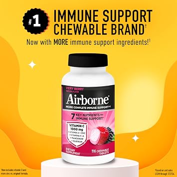 Airborne Very Berry Chewable Tablets, 116ct | Immune Support Supplement with 1000mg Vitamin C + Vitamins A, D, E, Zinc,Selenium, Manganese | Herbal Blend | Gluten Free | Antioxidants Vitamins A, D & E + Zinc, Selenium, and Manganese, Herbal Blend, Multivitamin Supplements, Immune Health, Tasty