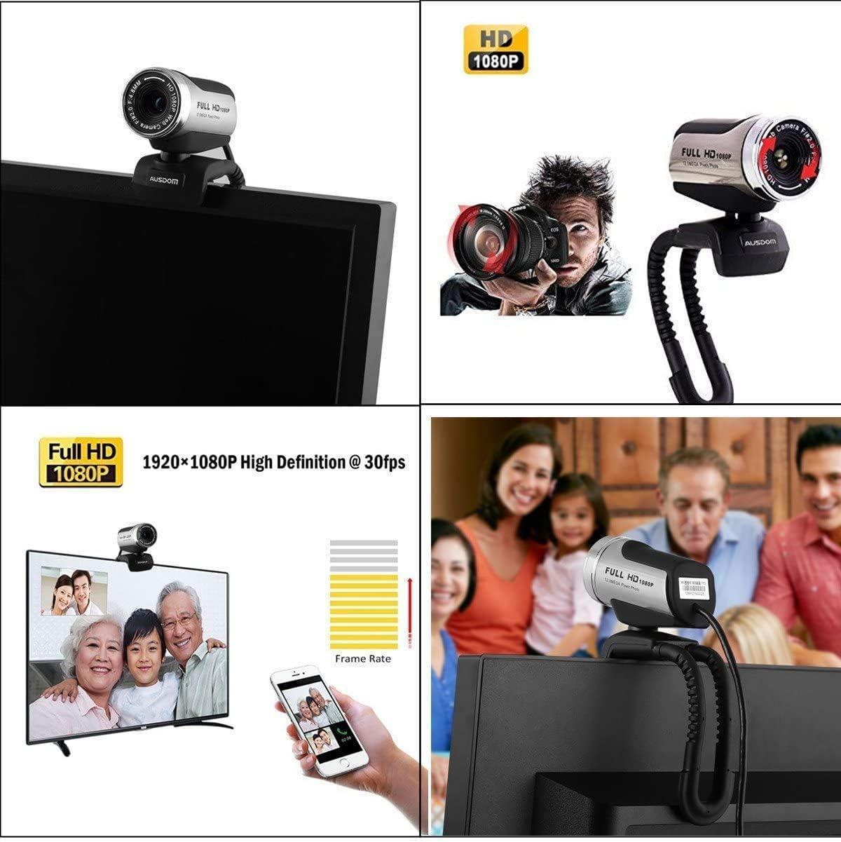 Diagram illustrating the 360-degree omni-directional and 180-degree adjustable features of the webcam stand.