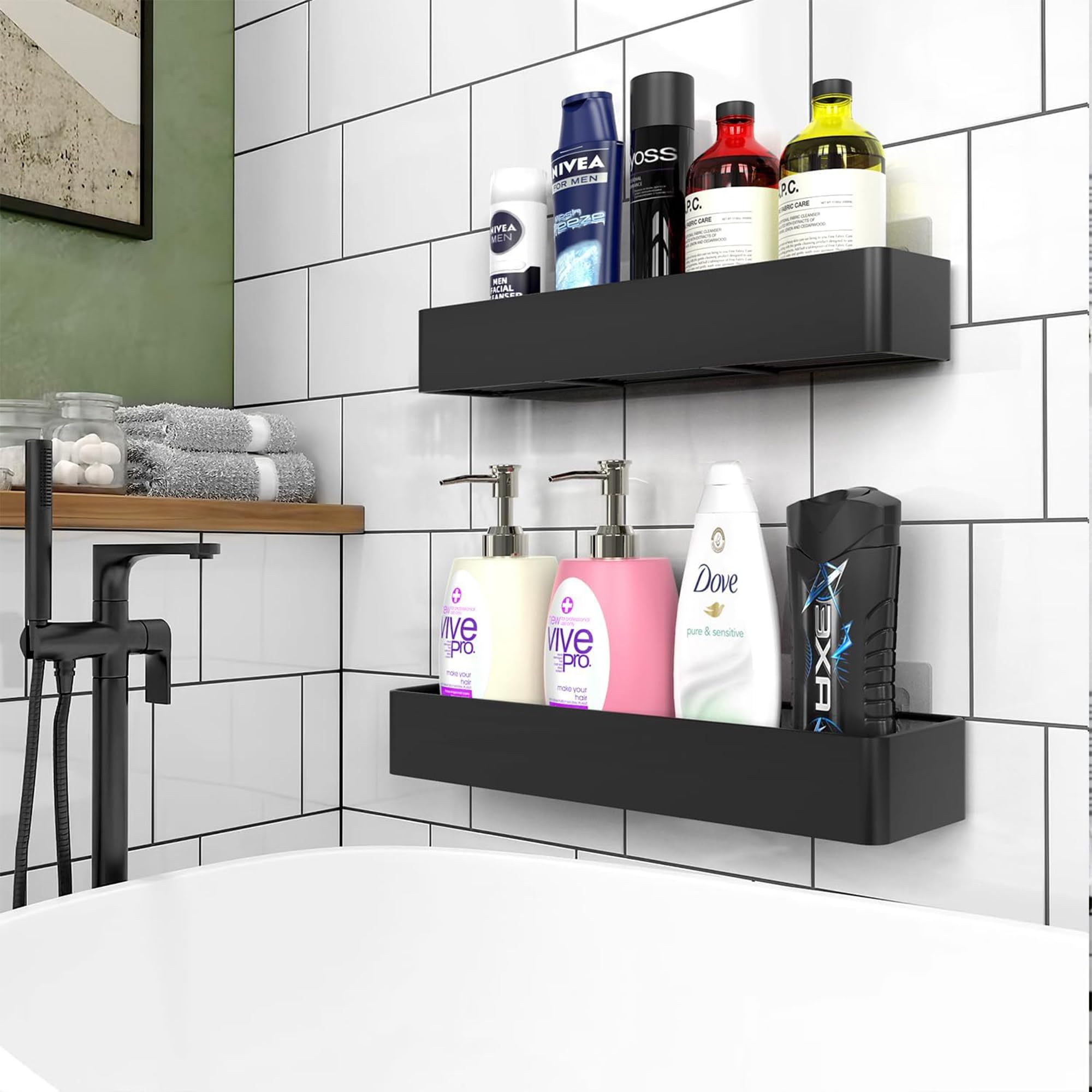 Vinsani 2 Pack Rustproof Shower Caddy Shelf – Quick-Dry & Drill-Free Bathroom Organiser with 4 Hooks | Large Wall Mounted Adhesive Storage Rack for Shampoo, Soap & Accessories (Black)