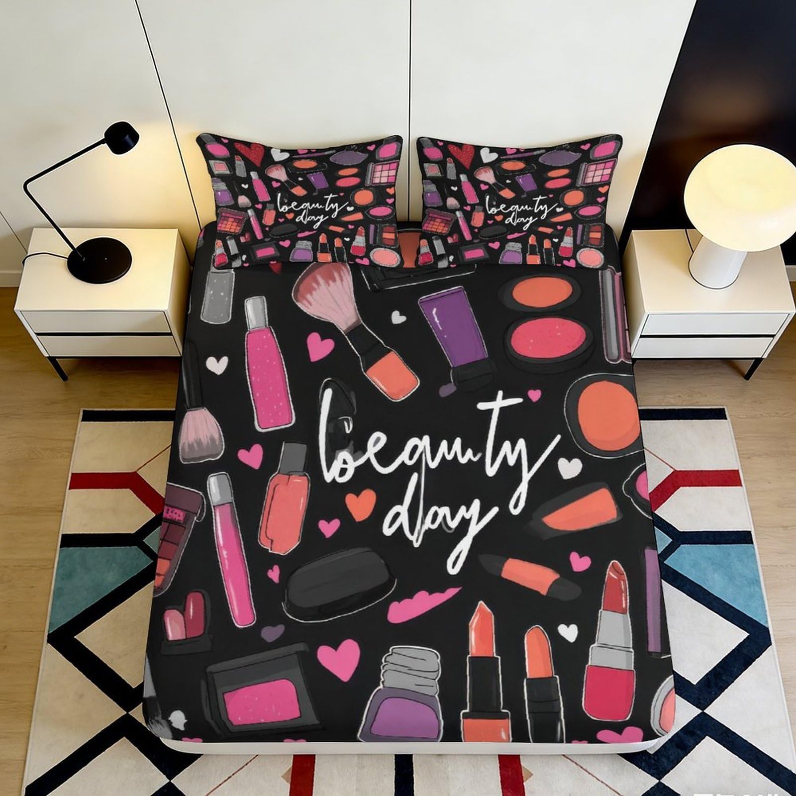 3D Printed Makeup Lipstick Pattern Fitted Sheet Microfiber Soft Decorative Bed Cover for Bedroom Dorm Mattress Protection 90x200x25cm