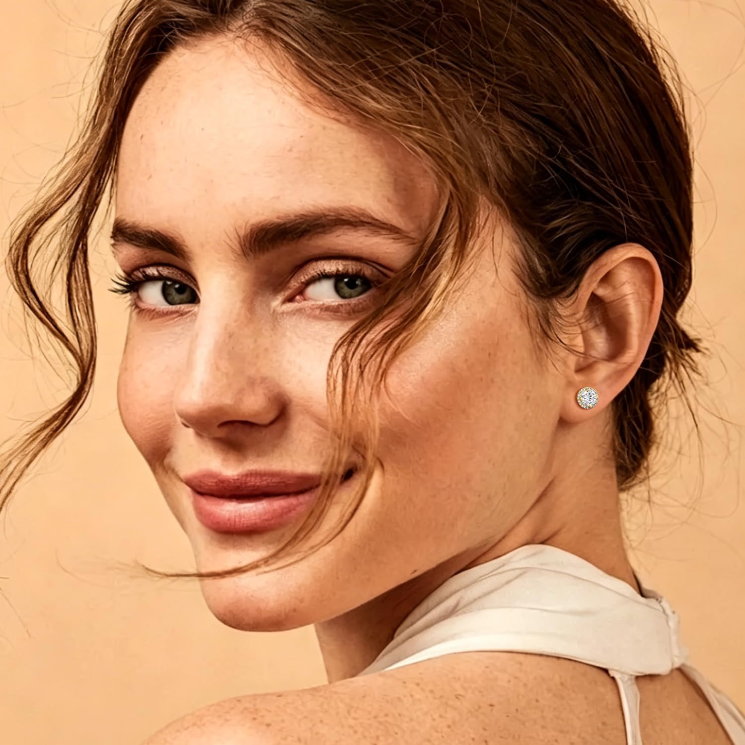 Gold Earrings for Women Gold Studs Earrings for Women 14K Gold Stud Earrings Studs Timeless Halo Setting with Cubic Zirconia Stud Earring for Womens 6.5/7.5/8.5mm