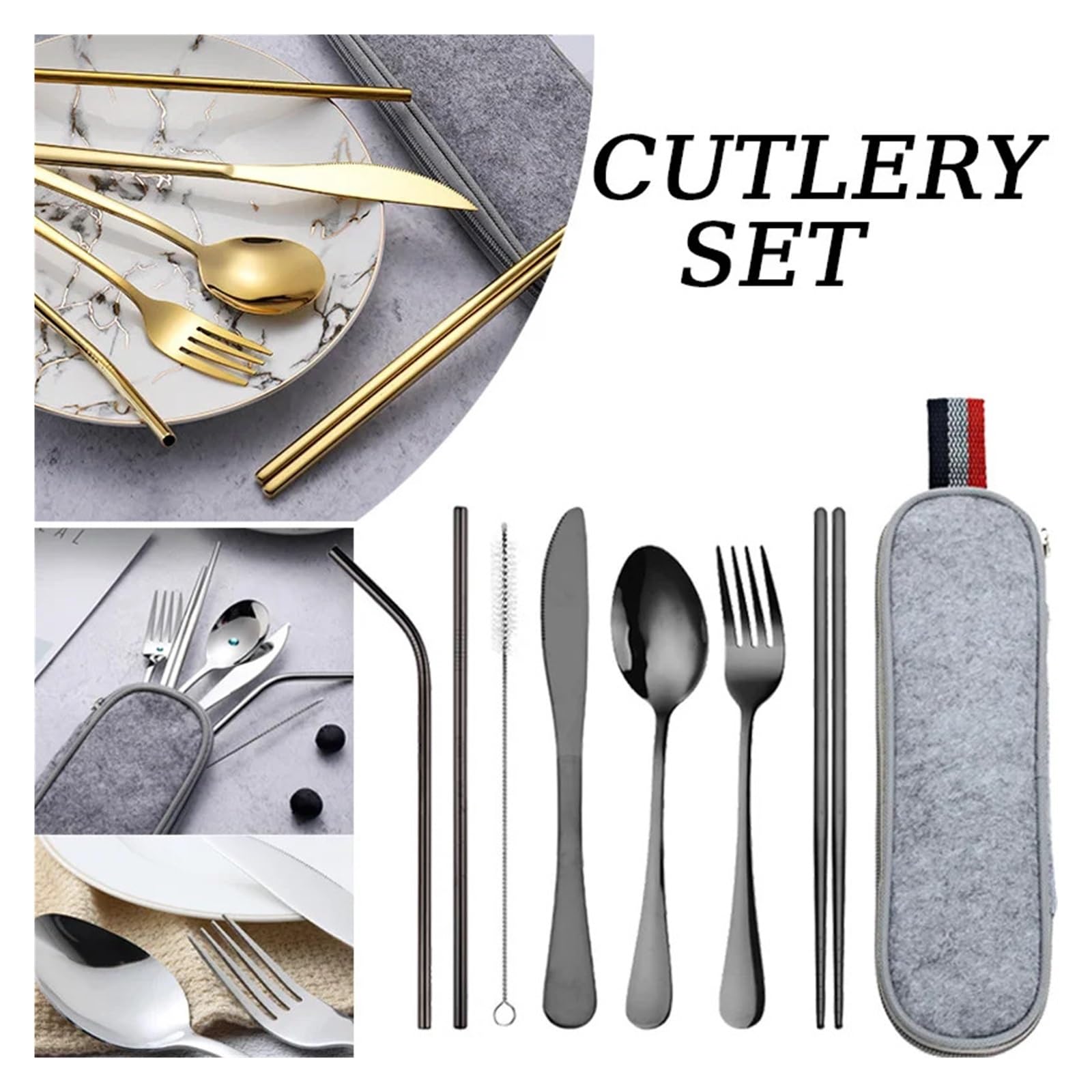 Stoviglie da viaggio riutilizzabili Set di posate campeggio con cucchiaio in acciaio inossidabile, forchetta, bacchette, custodia portatile in paglia(Black)