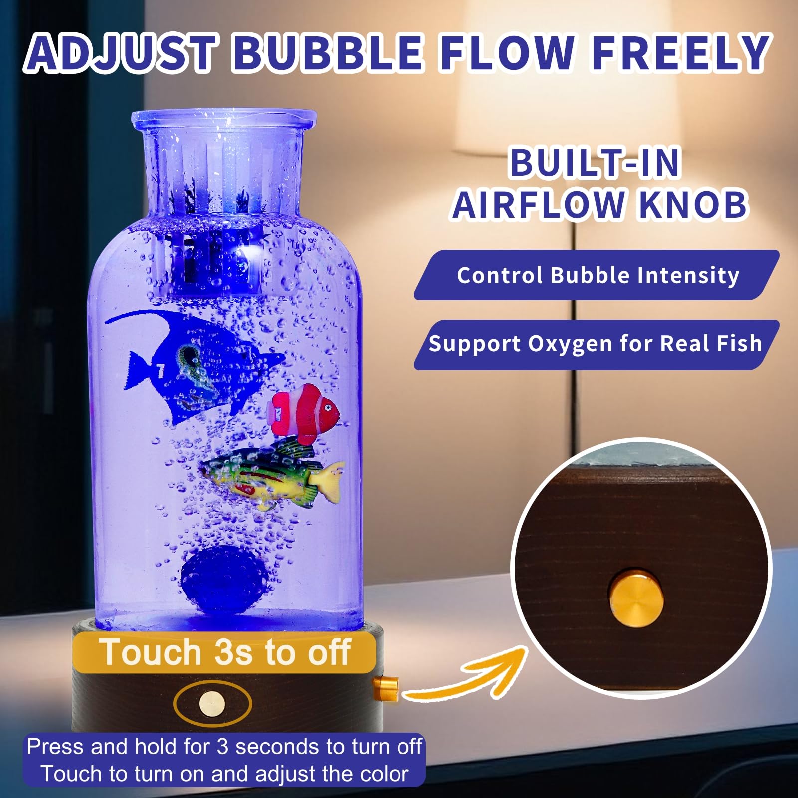 Sensorisches Blasen-Aquarium mit 3 künstlichen Fischen, 16-farbiges Nachtlicht, Mini-Glas-Tank mit künstlichen Pflanzen und Holzsockel, Luftpumpen-Stil, Schreibtischdekoration, Heimdekor, Geschenk für