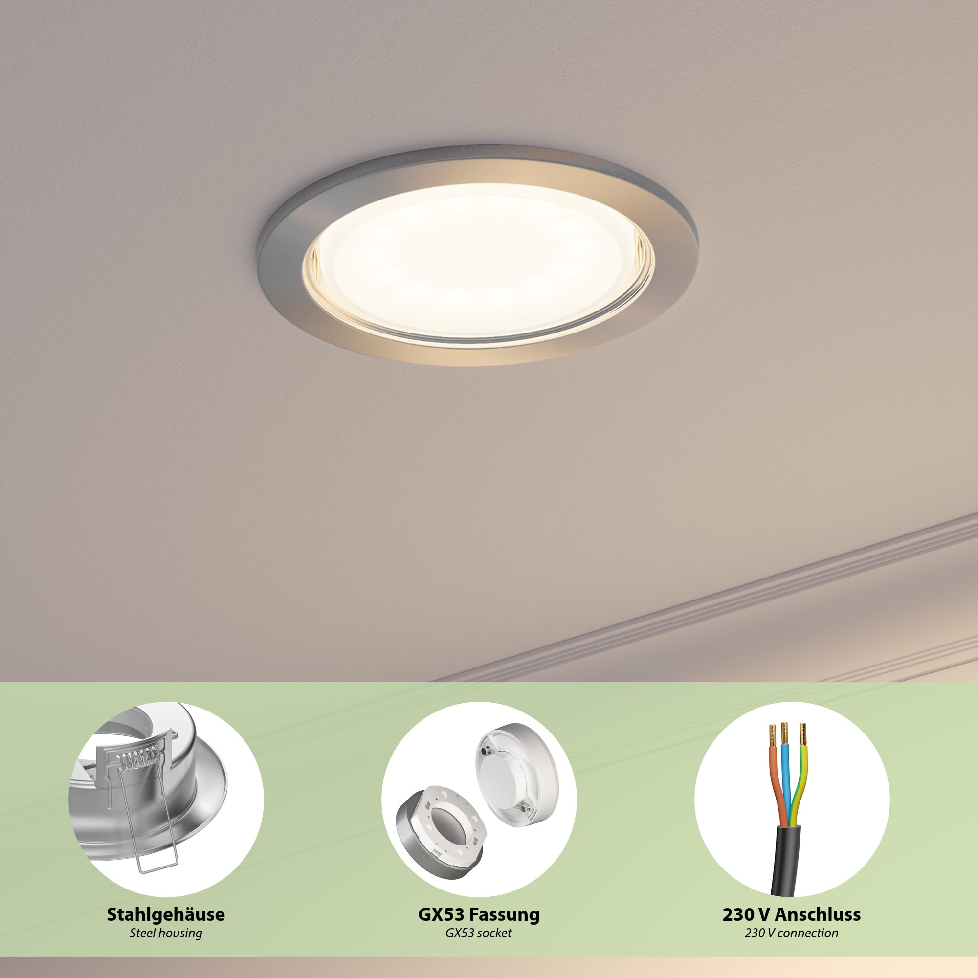 ledscom.de 4x Einbaustrahler Zobe II flach edelstahl matt + RGB Leuchtmittel warmweiß - kaltweiß, Smart Home - 107mmØ Loch 90mmØ