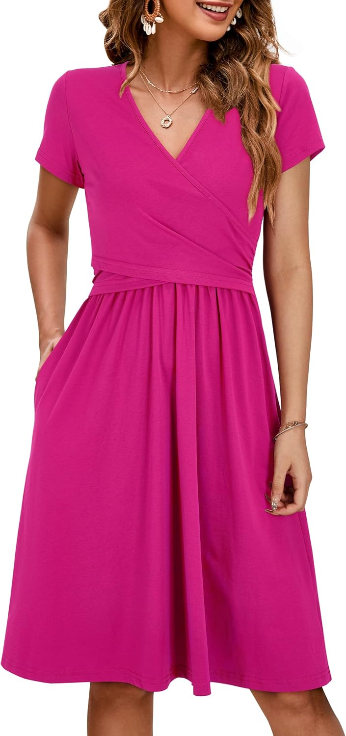 OUGES Women’s 2025 Fashion V Neck Midi Dress with Pockets Maternity Clothes Nursing Dresses