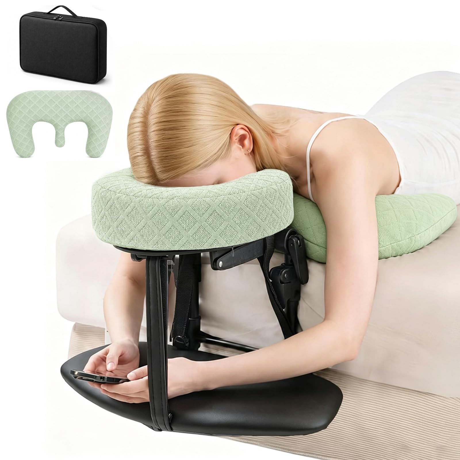 Massage Kopfstütze für Bett höhenverstellbar 14-45 cm, mit Arm- & Bruststütze, ergonomische Gesichtsauflage mit Gesichtsschlitz für Massageliege, Massagetisch & Kosmetikliege
