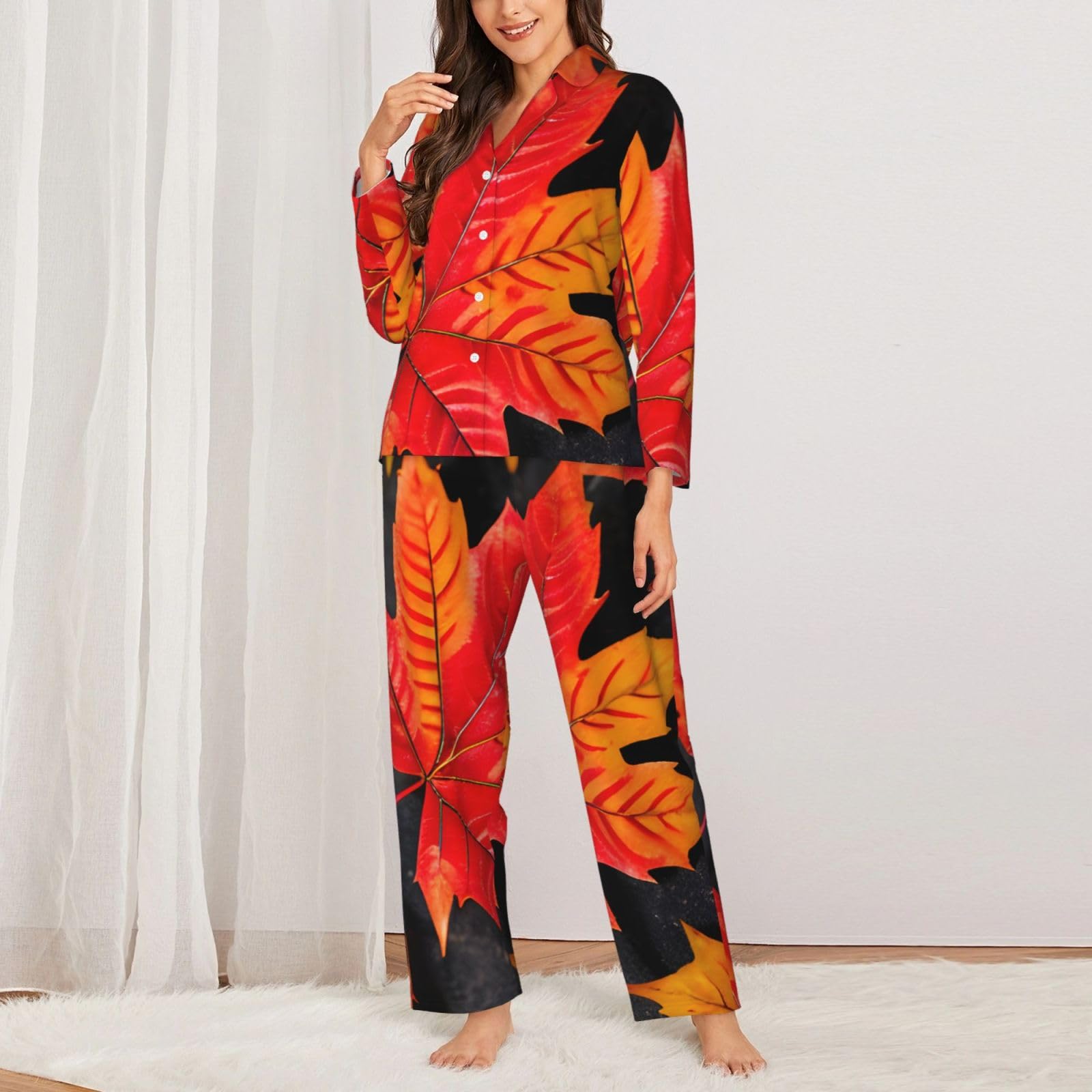 Autunno Foglie Rosse Stampa Delle Donne A Maniche Lunghe Pigiama Set Lounge Sleepwear Accogliente Nightwear Loungewear Tutti