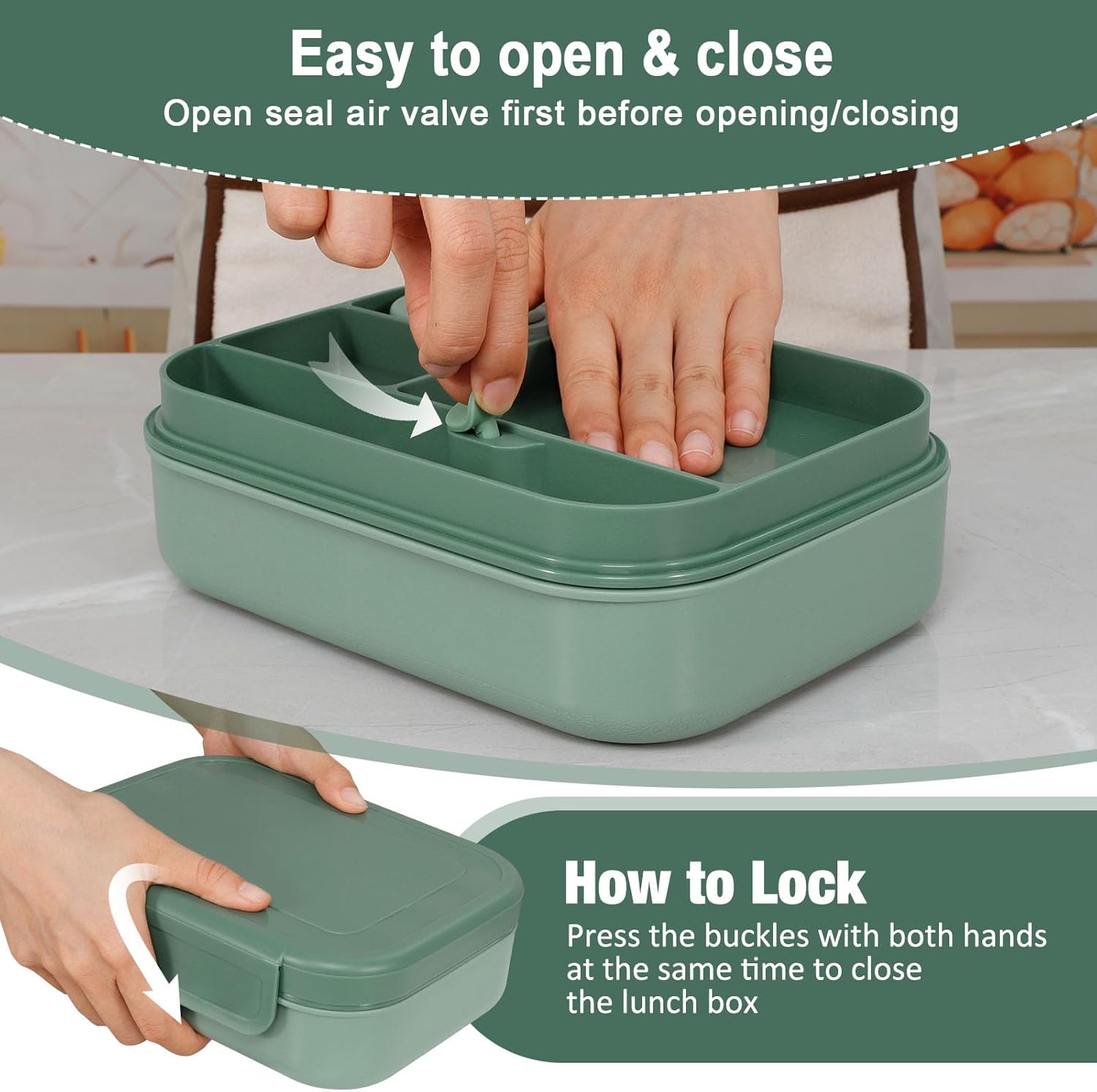 Caperci Stackable Bento Lunch Box for Adult & Teens - Reinforced Leak-Proof Lunch Container 4-Compartment with Utensils & Sauce Container, BPA-Free, Dishwasher/Microwave Safe, 47oz (Khaki Green) - Image 3