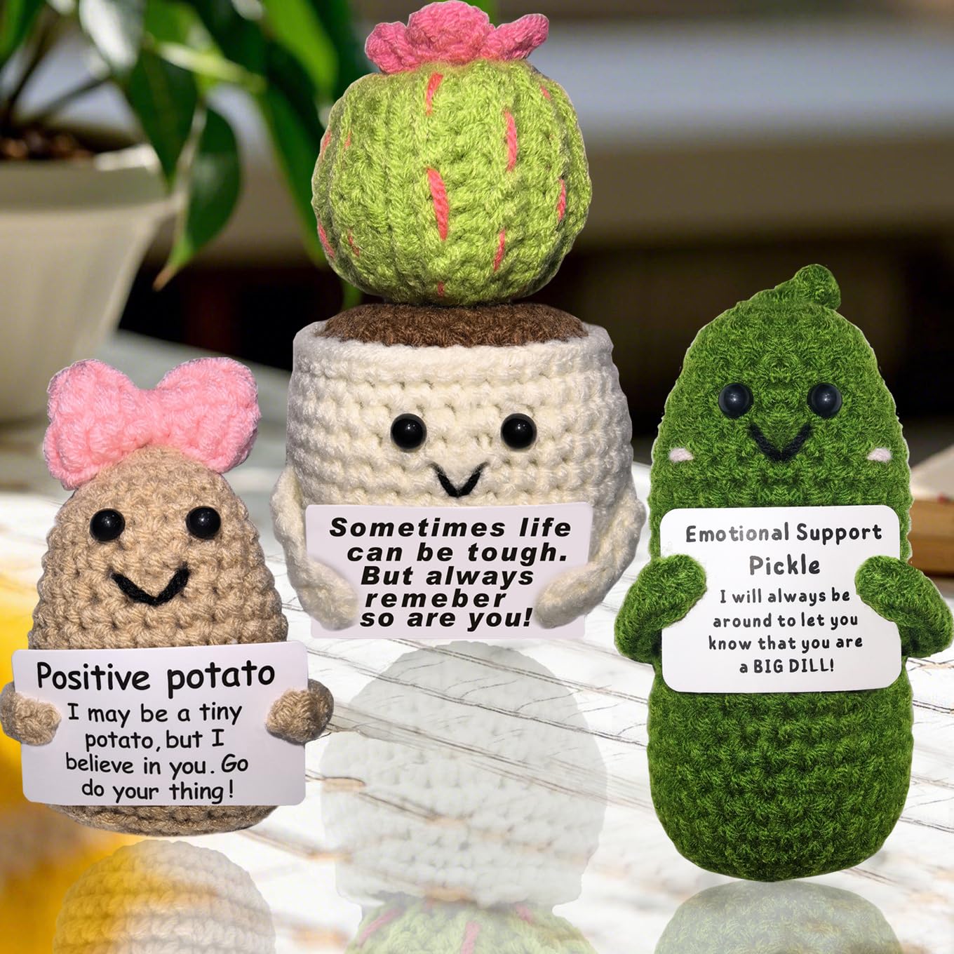 Emotional Support Pickle,Gifts for Women Mom Coworkers Friends Sister,Positive Potato,Funny Birthday Gifts, Cute Room Decor,Handmade Crochet(Cactus+Potato+Pickle)