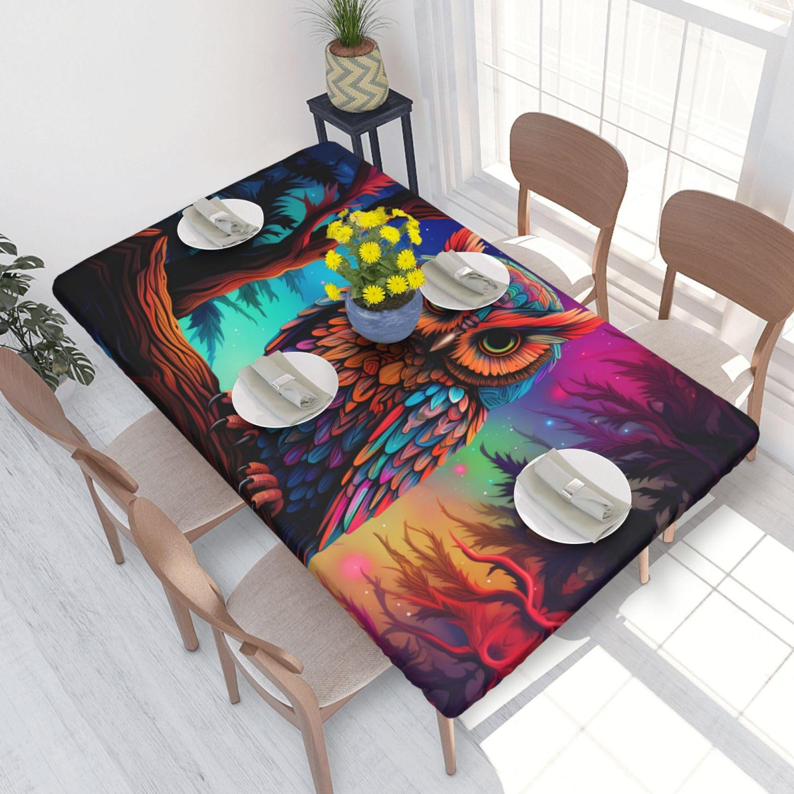 Color Owl Pattern Waterproof Square Table Cover Elastic Fitted Tablecloth Oil Proof Table Protector For 4ft Table