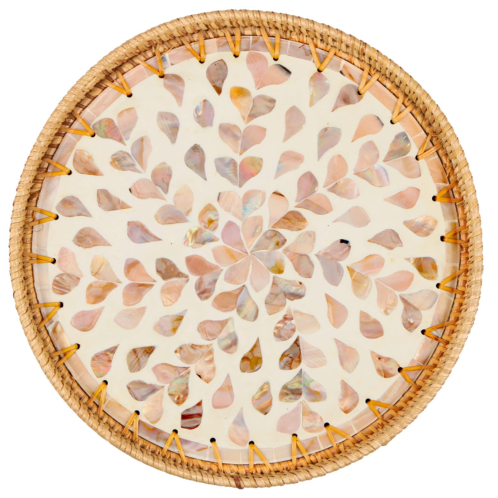 Qinglang C Rattan Tray Round Rattan Serving Tray With Mother Of Inlay Handmade Rattan Platters Decorative Display Tray Table Desktop Organiser Tray For Offer,Drink,Breakfast,Tea,Andle,Ornament(C)