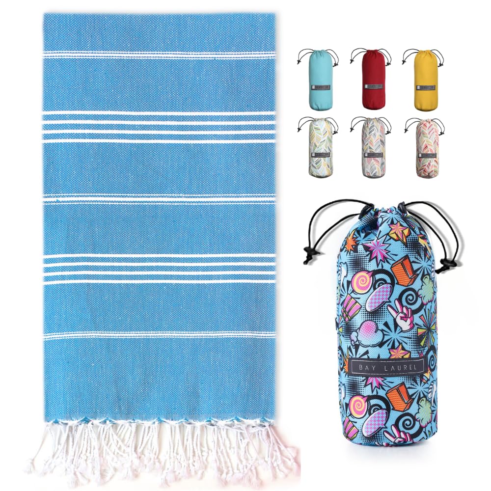 BAY LAUREL Turkish Beach Towel with Travel Bag 39 x 71 Quick Dry Sand Free Lightweight Large Oversized