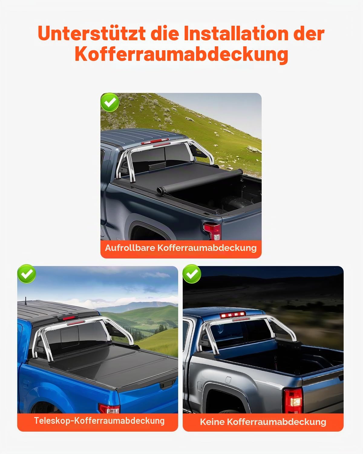 VEVOR Überrollbügel aus Karbonstahl für die Ladefläche, universeller Einstellbarer (1448-1626 mm) Pickup Sport-Überrollbügel mit LED-Bremslicht für mittelgroße/große Lkws (kein Träger)