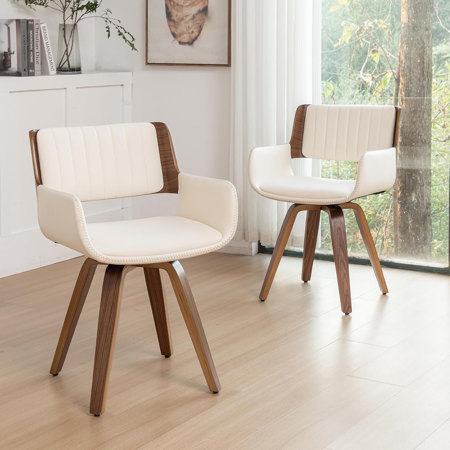 LUNLING Swivel Accent Faux Leather Dining Chairs Set of 4,Mid Century Modern Chairs with Wooden Legs/Armrest/Upholstered Seat/Adjustable Foots for Kitchen Dining Room Desk Chairs,Beige