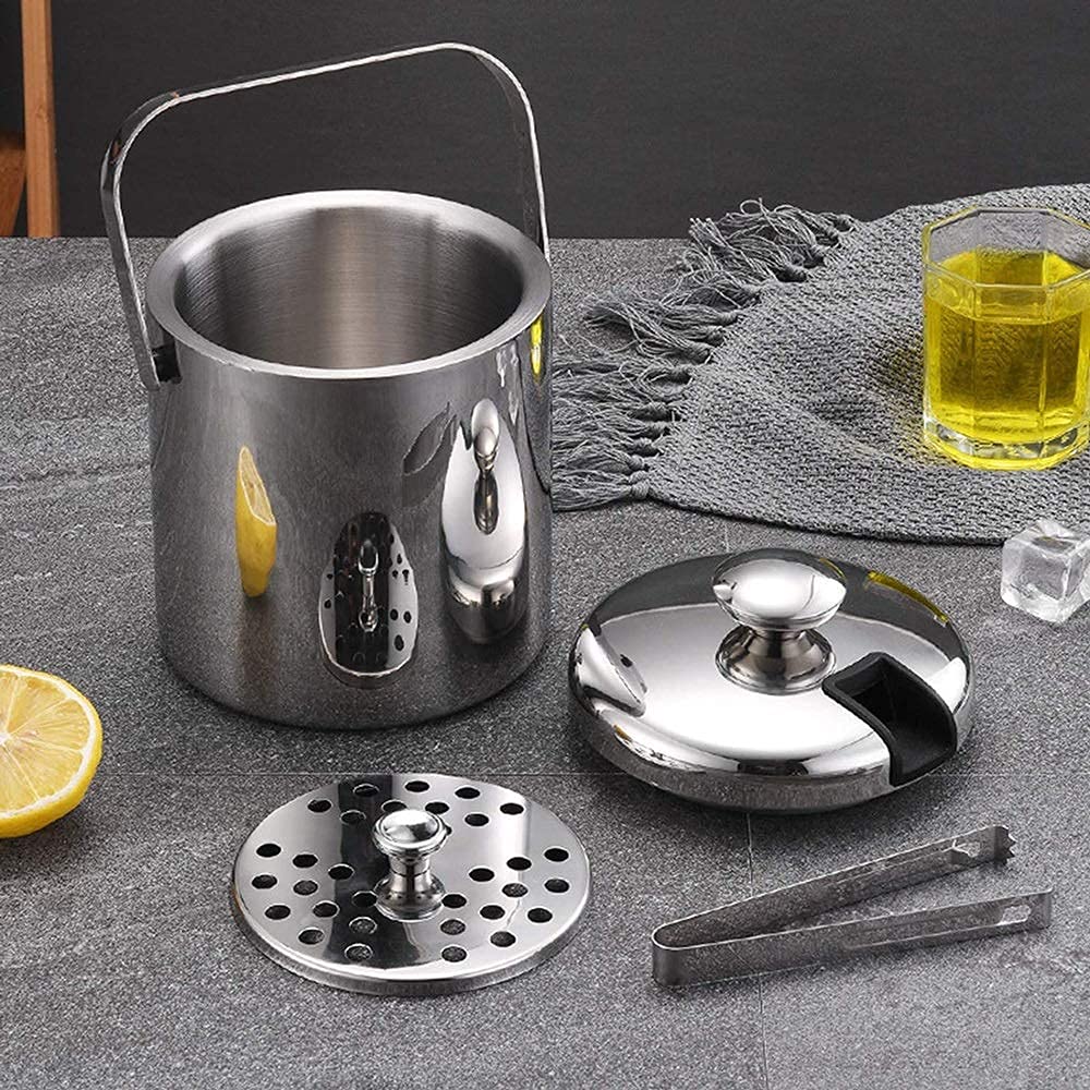 Cubitera de Acero Inoxidable de Doble Capa con Aislamiento, Redonda, pequeña, con asa, Pinzas y Tapa, 1,3 l