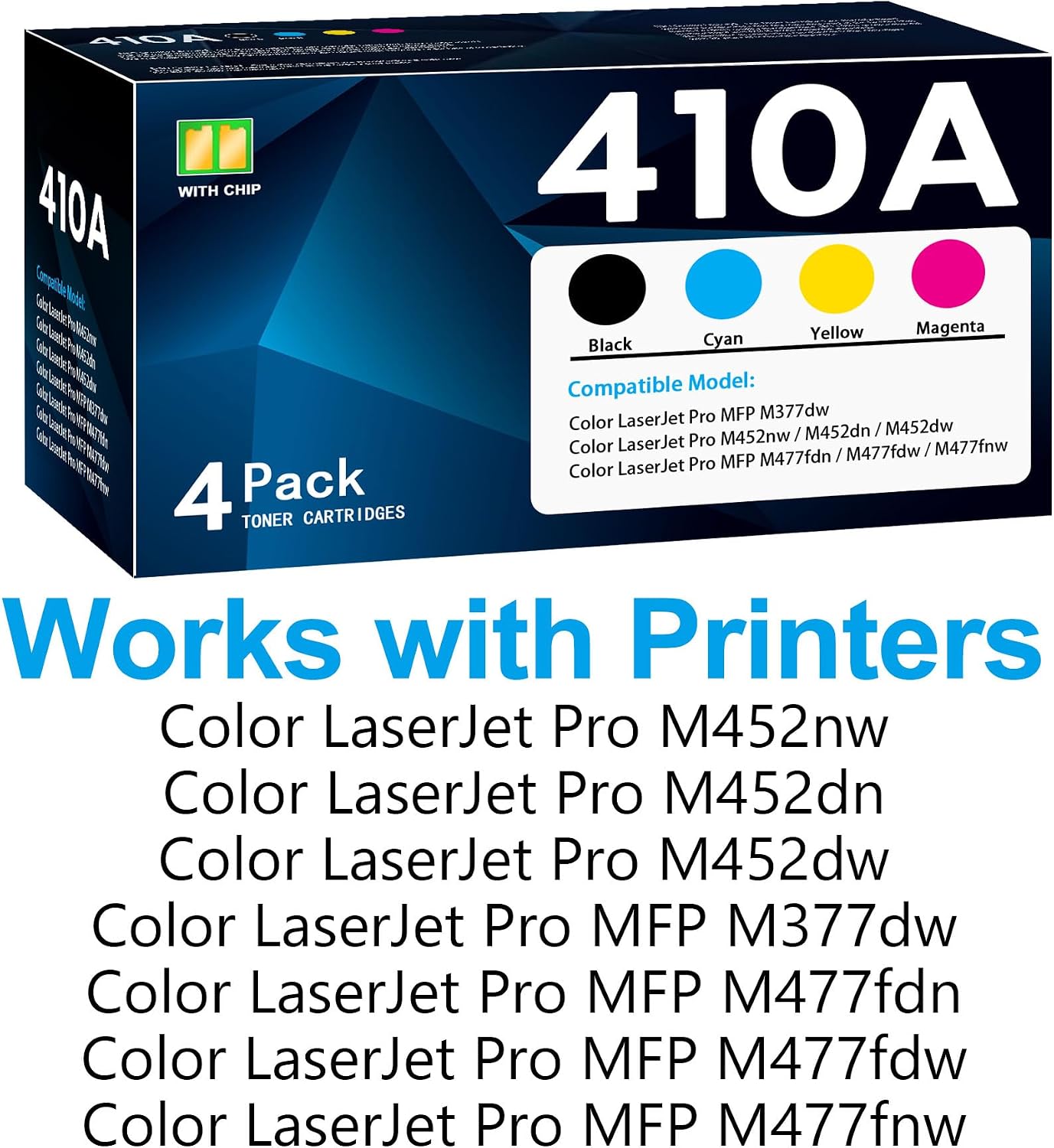 410A Toner Cartridge Replacement for HP 410A CF410A CF411A CF412A CF413A Work with Color Laser Jet Pro M452dw M452dn M452nw MFP M477fdw M477fnw M477fdn M377dw Printer (Black Cyan Magenta Yellow)