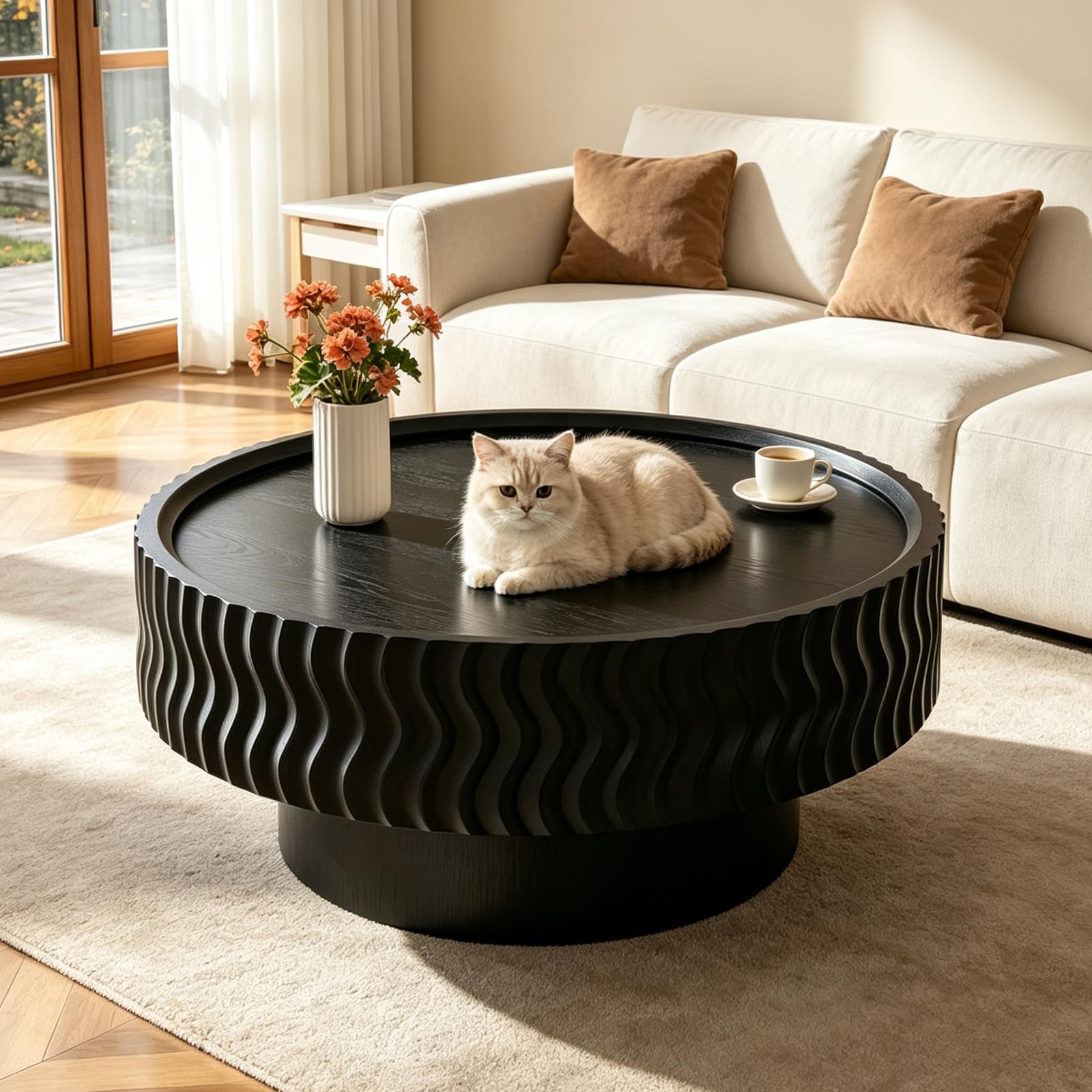 Table Basse Ronde Noir de 77cm Rustique Table de Salon Grain de Bois