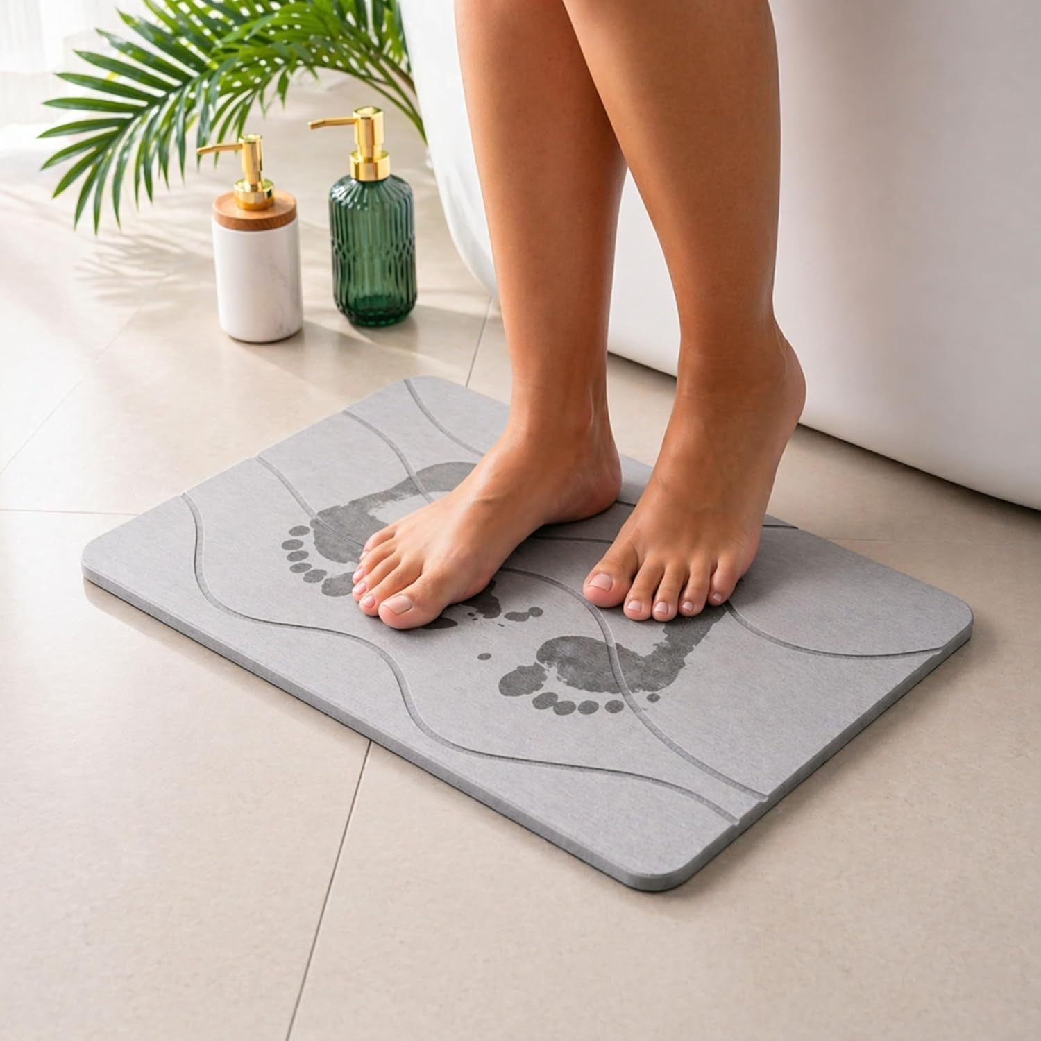 Pure 4Home Pack de 2 Alfombras de Diatomita para Baño 60x40 - Diseños Grey Waves y Diat White, Alfombrilla de Piedra Super Absorbente, Secado Rápido y Antideslizante