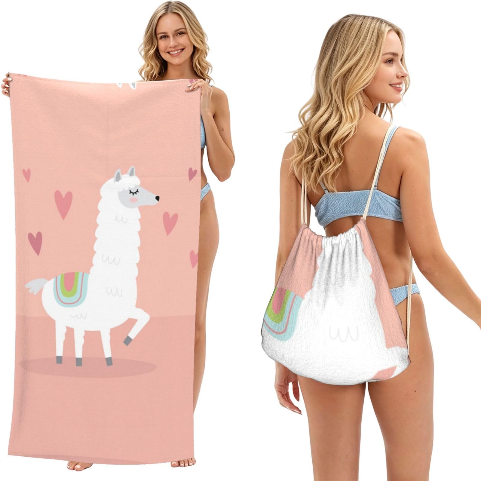 ESNAIUVCD Alpacas Print Beach Towel For Adults,Towel With Drawstring Bag, Travel Pool Swimming Sports Shower Sand Free Quick Dry Bath Towel For Pool, Beach, Yoga- 180x60cm