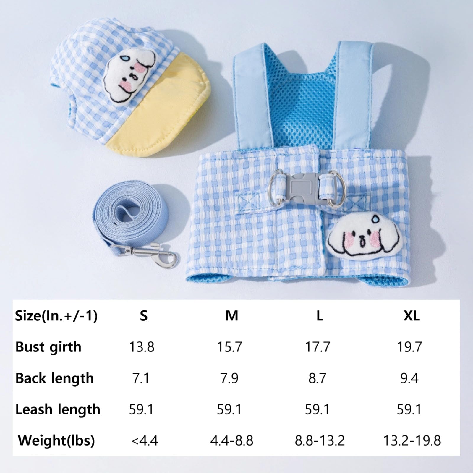 Arnés para disfraz de gato y cachorro, gorra de béisbol, juego de 3 piezas, bonitos accesorios para mascotas, varios tamaños, para gatos y perros pequeños (correa azul, arnés y gorra, 3 piezas