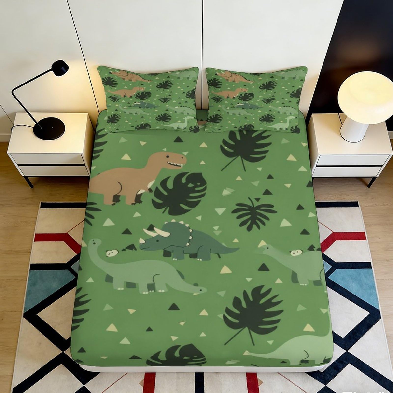 3D Printed Dinosaur Jungle Fitted Sheet Microfiber Green Bed Cover for Bedroom Dorm Mattress Protection Decor 90x200x25cm