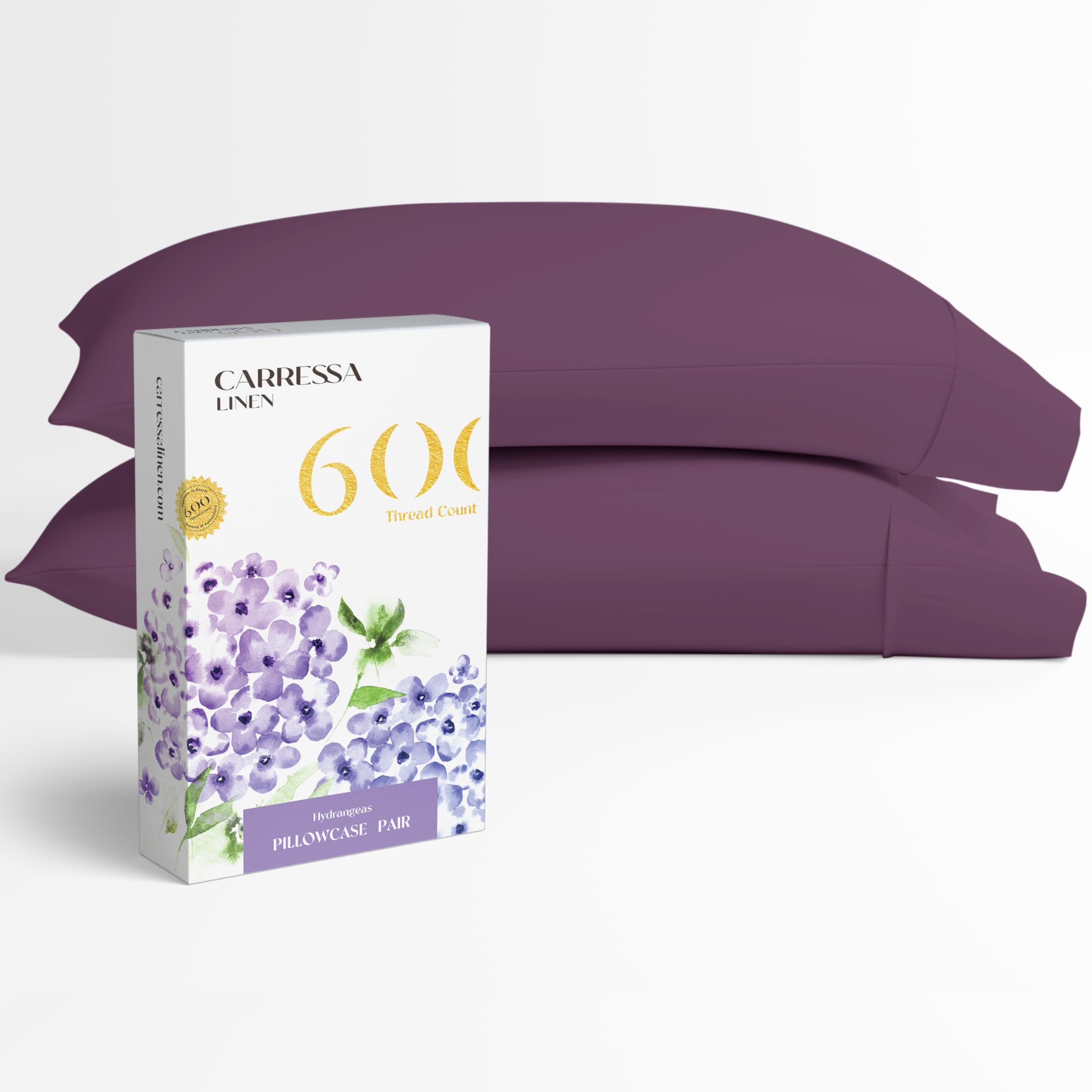 Carressa Linen 100% Egyptian Cotton Pillow Cases Set of 2-600 Thread Count Plum Standard/Queen Pillowcase for Sleeping, Soft, Silky Sateen Weave Bed Pillow Cover, Extra Long Staple Pillowcases