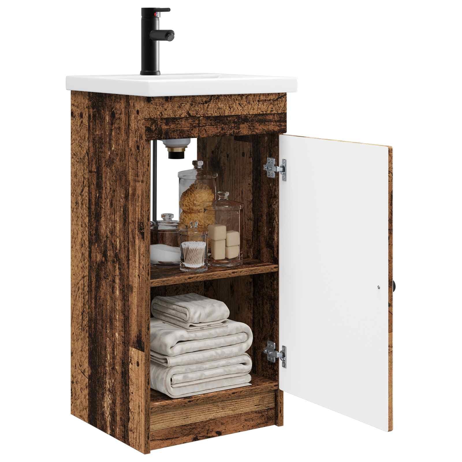 Mobile Bagno Con Lavabo Legno Antico 42 x 40 x 84,5 cm | Legno ingegnerizzato, Manopole nere in metallo, 1 ripiano, Ampio spazio interno