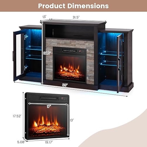 Miniatura 6 de Tangkula Soporte de TV para chimenea eléctrica, chimenea eléctrica con luces LED de 16 colores, estantes de vidrio ajustables, control remoto y