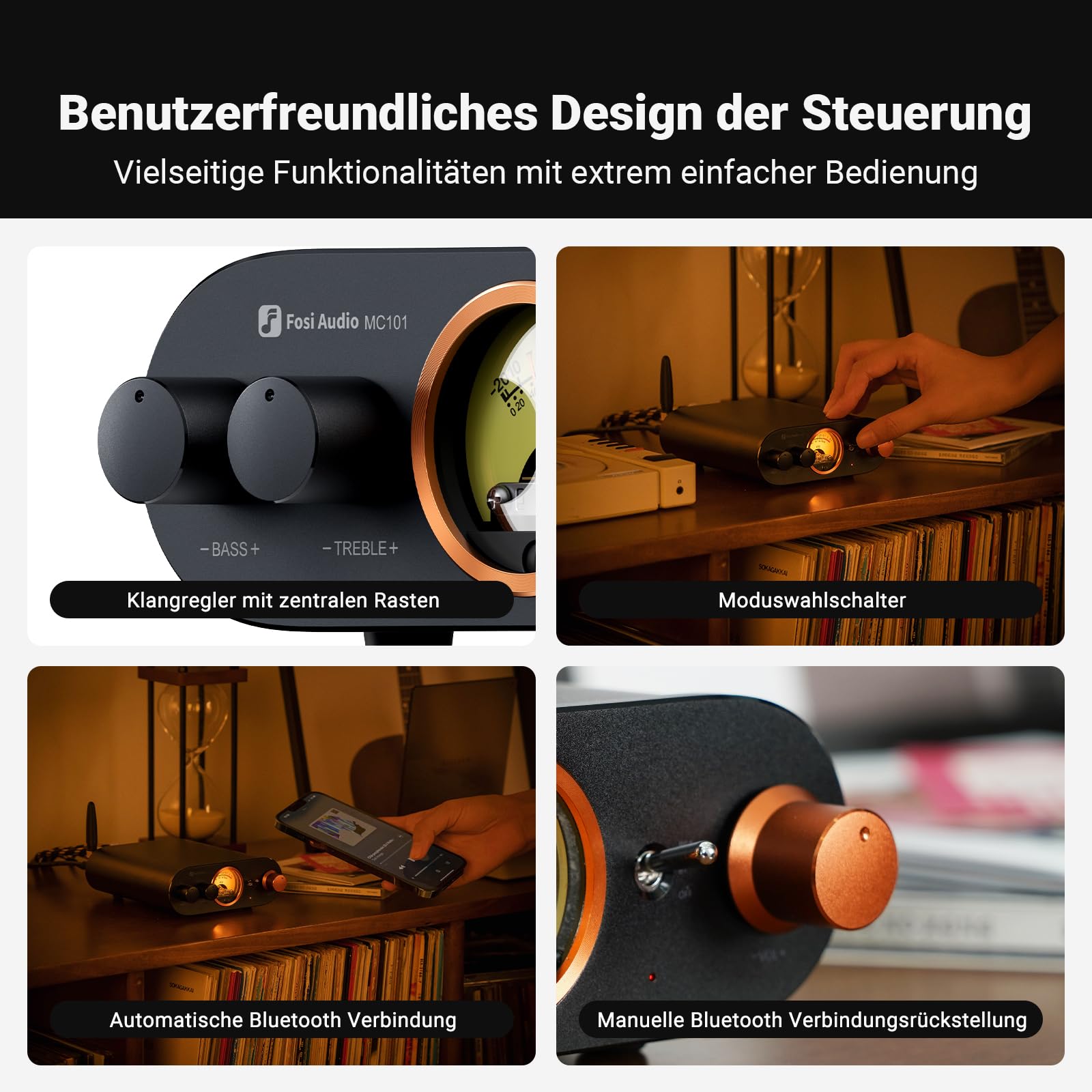 Fosi Audio MC101 Bluetooth 5.3 Hi-Fi Verstärker mit VU Meter, 100W x 2 Stereo Verstärker 2 Kanal mit TPA3116 Amp Chip, Bass und Treble Control, Class D Verstärker für Heimlautsprecher