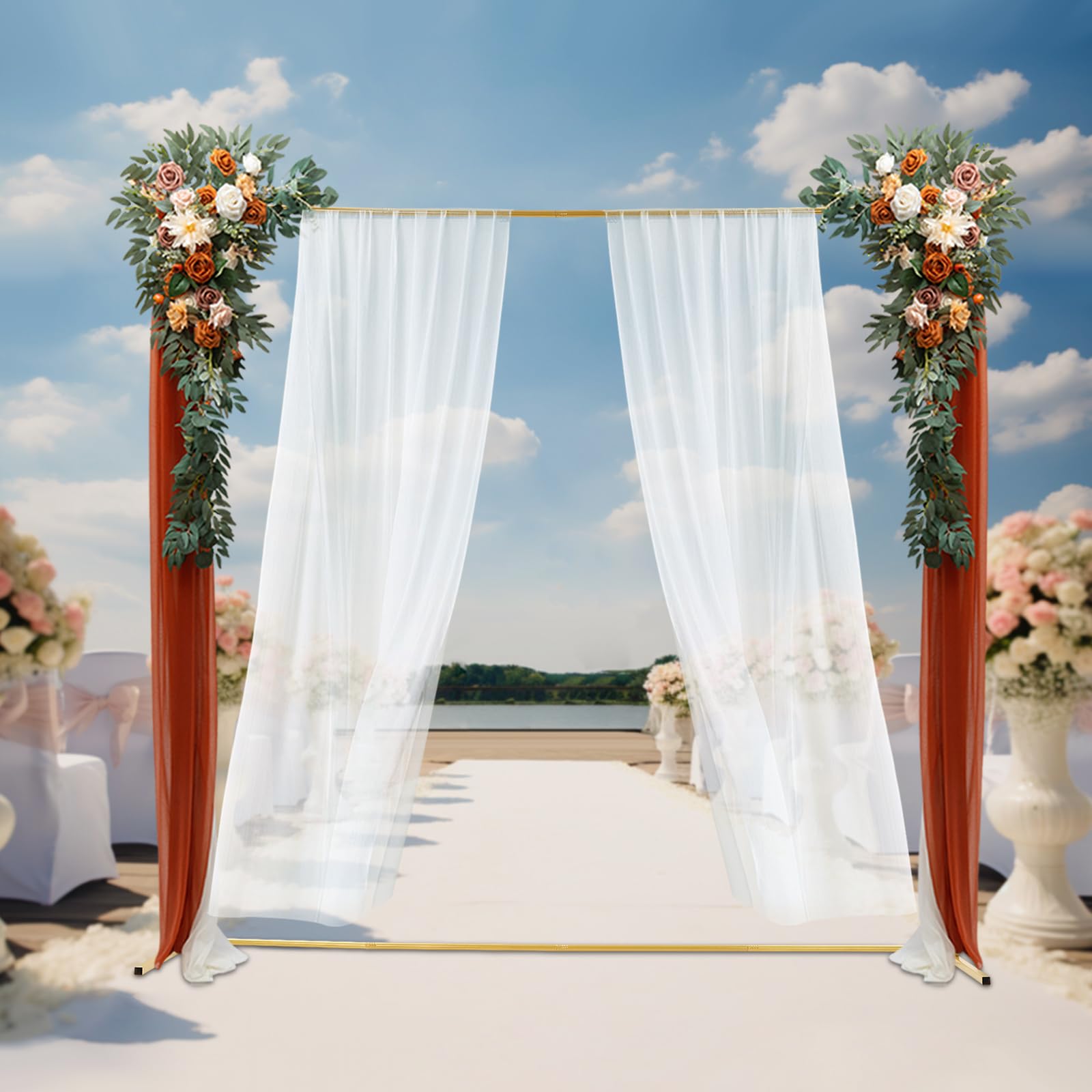 Stojak na kwiaty weselne, 2 x 2 x 0,5 m, kwadratowy łuk balonowy z pokryciem materiałowym, metalowy łuk balonowy na wesele, ceremonię, imprezę (złoty stojak + różowe obicie materiałowe)