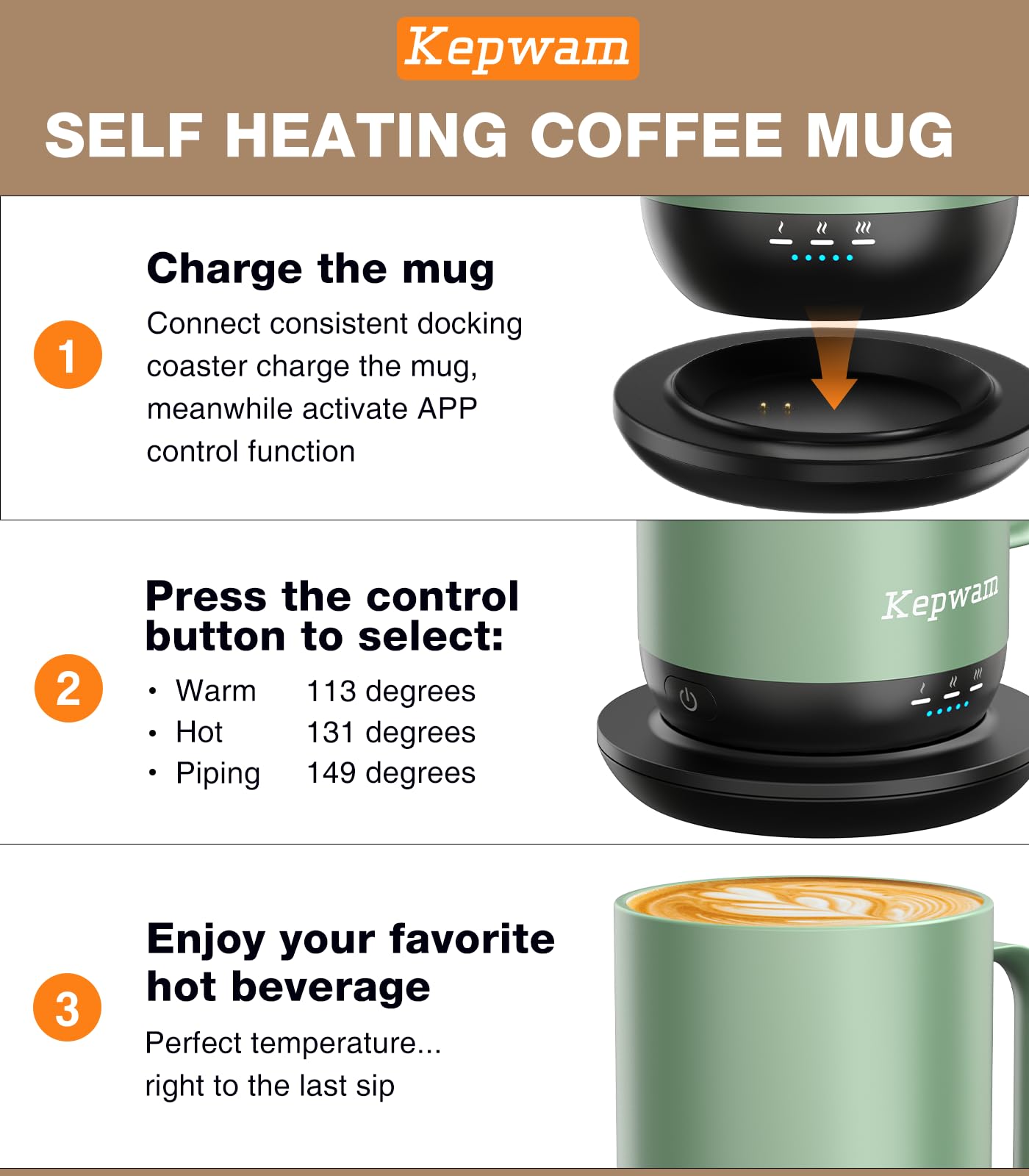 Kepwam Taza de café con calefacción T1-16 onzas, calentamiento rápido y mayor duración de la batería, taza de café autocalentable hasta 65.0 °C, botón físico y control por aplicación, taza calentadora
