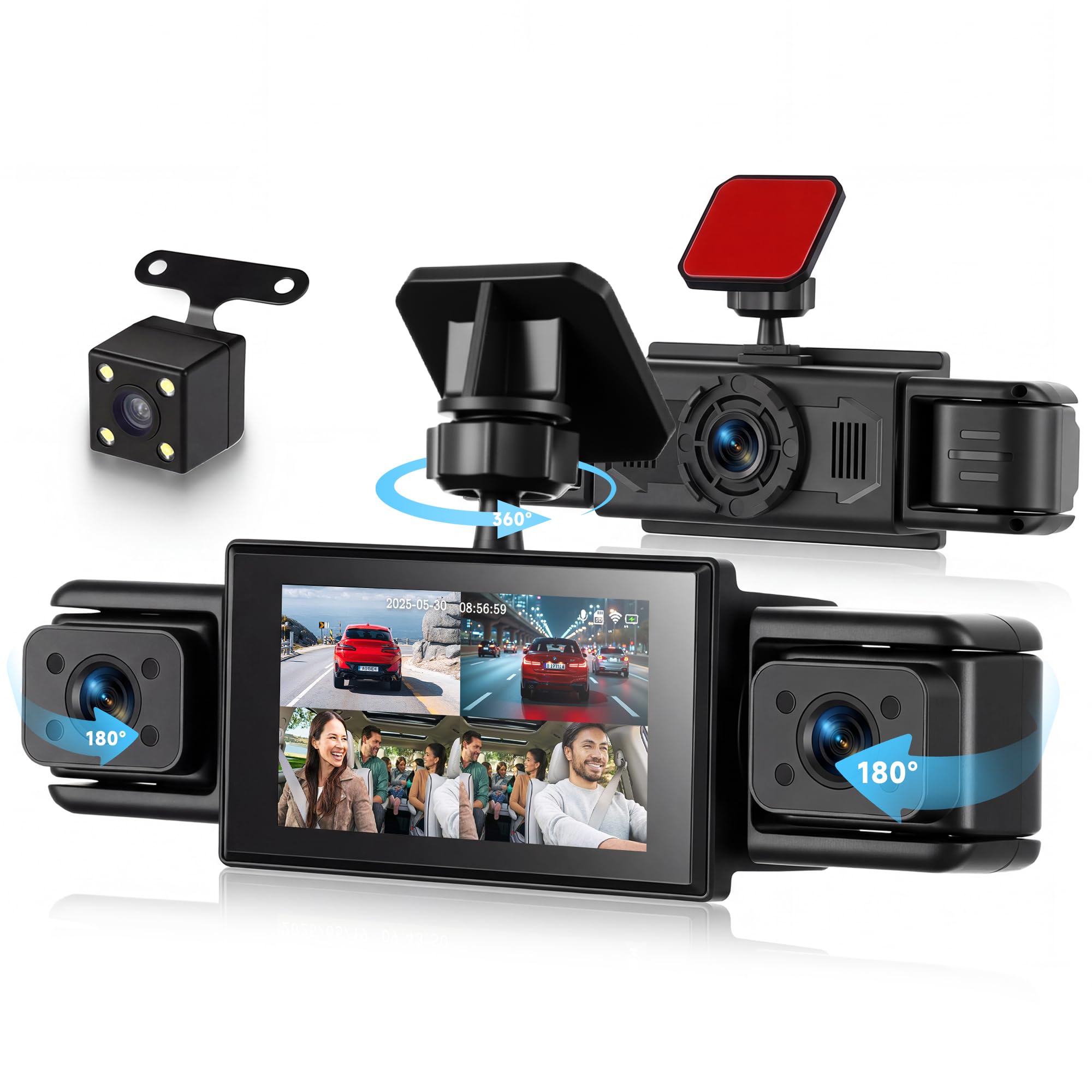 Rimoody 4 Canali Dashcam Auto 360°, 108P 4 Telecamere Anteriore Posteriore Sinistra Destra, 3 Pollici Schermo IPS Dash Cam, Visione Notturna 8 IR, Registrazione in Loop, Monitoraggio Parcheggio 24H