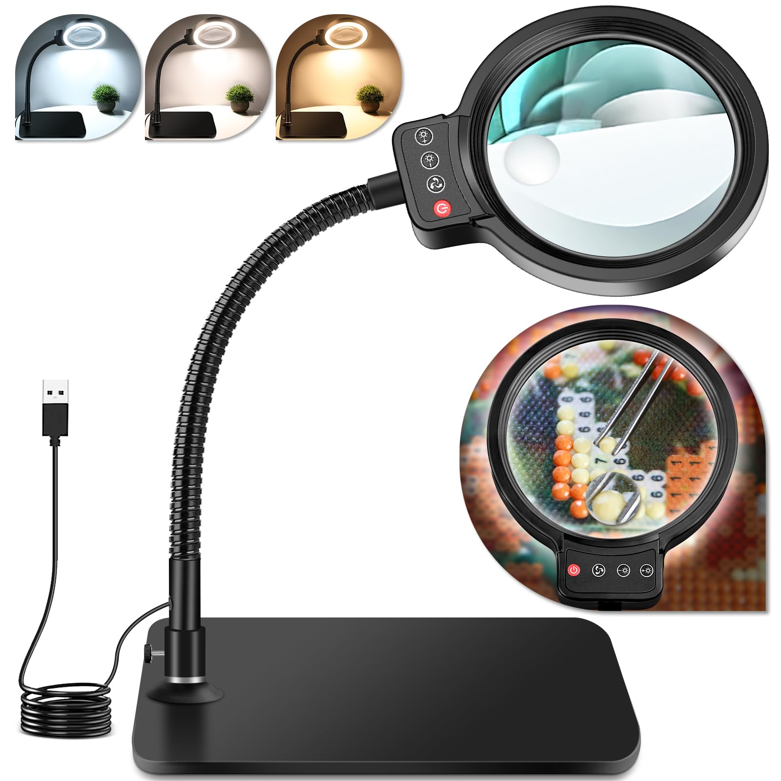 NZQXJXZ 10x Lupa con Luz y Soporte, Lampara Lupa con 72 LED, 3 Temperaturas de Color y 10 Niveles de Ajuste de Brillo para Aficiones, Lectura, Joyería, Trabajo de Cerca