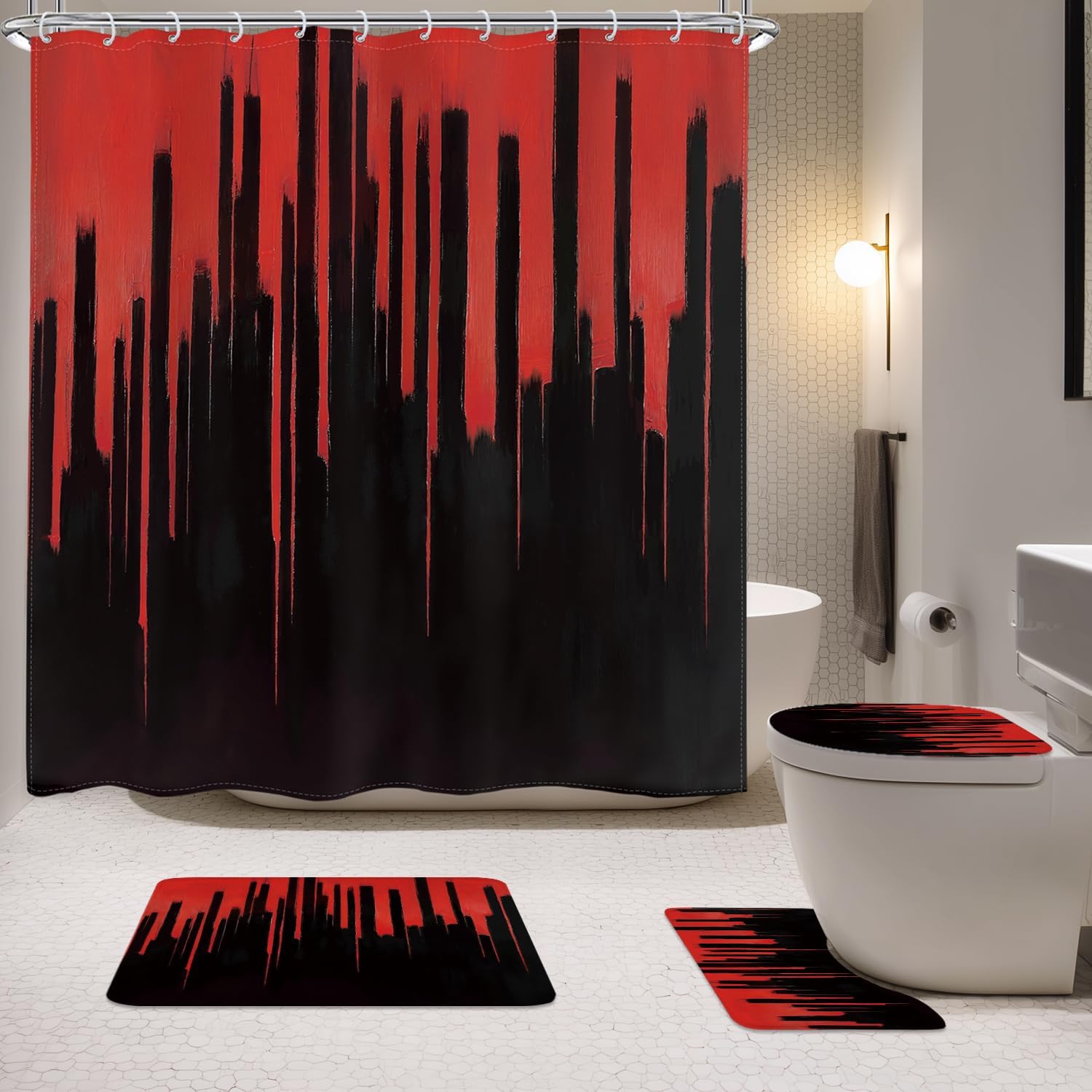 Imirell 4 PCS Blue Black Abstract Shower Curtain Set with Rugs,Modern Minimalist Line Bathroom Sets with Rugs Shower Accessories-Toilet Lid Cover,Non-Slip Rugs and U-Shaped Mat for Bathroom Decor